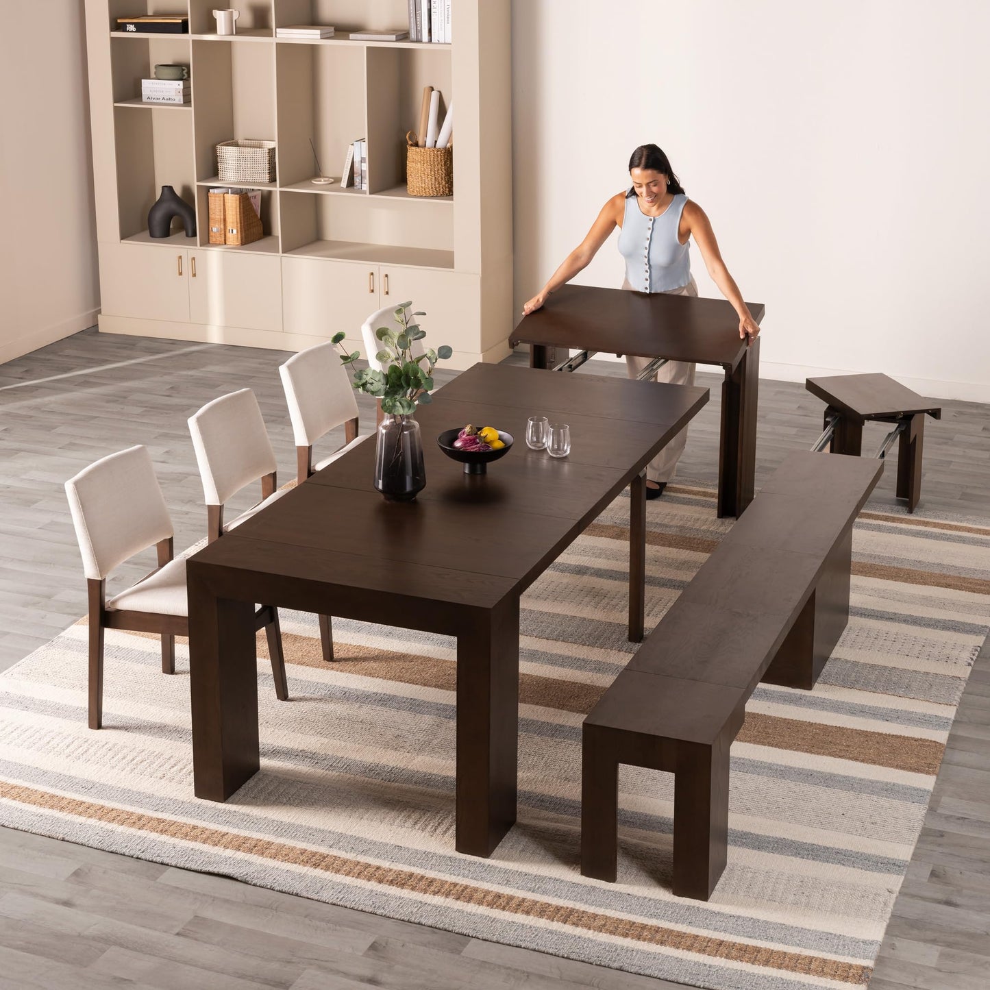 Transformer Table Dining Table Set for 4 to 12, Extendable Wood Dining Table with Expandable Bench, Small Space Furniture, Kitchen Table Set (Dark Grey, Table + Bench)