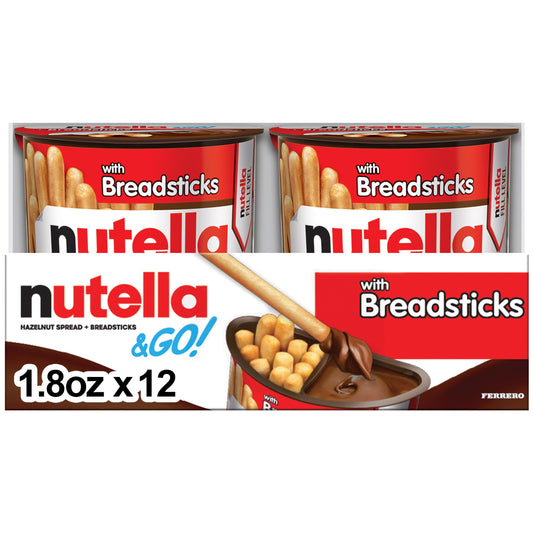 Nutella &amp; GO! Lot de 12, pâte à tartiner aux noisettes et au cacao avec gressins, cadeaux de Noël, coupes à collation, 1,8 oz chacune 