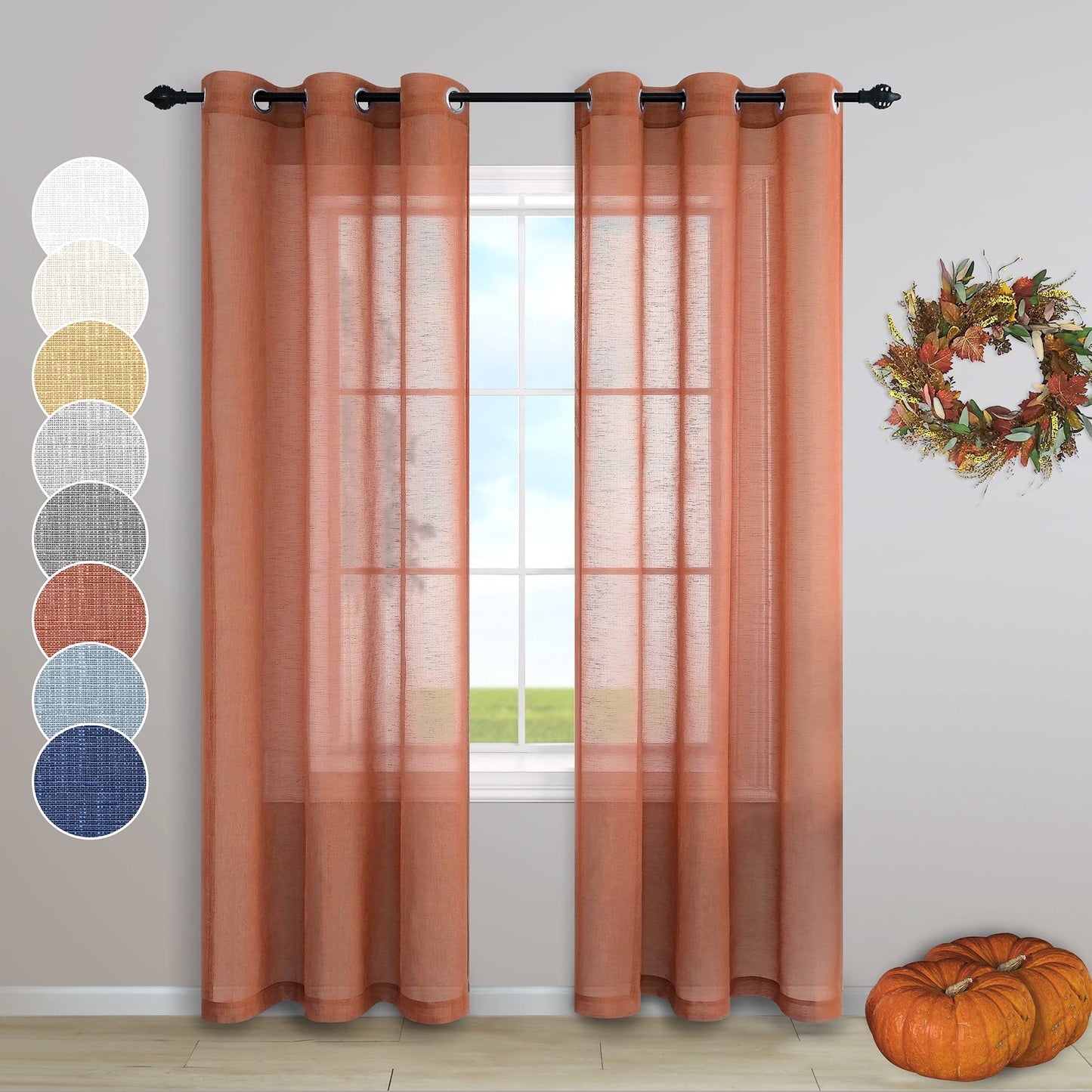 Burnt Orange Sheer Curtains 96 Inches Long for Living Room 2 Panel Set Grommet Window Coverings Pumpkin Winter Curtain for Dining Room Home Office Sunroom Cabin Closet Door Halloween Decor Brown 52x96