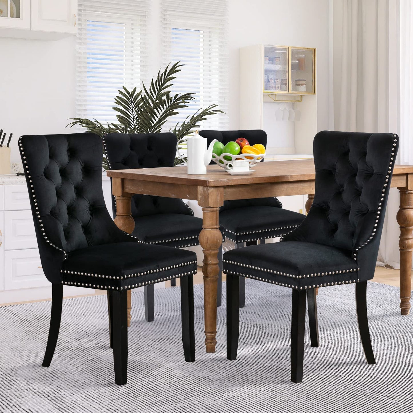 Lot de 8 chaises de salle à manger en cuir SoarFlash, chaise d'appoint à dossier haut, chaise d'appoint rembourrée moderne avec anneau de dossier à boutons, pieds en bois massif (noir et gris) 