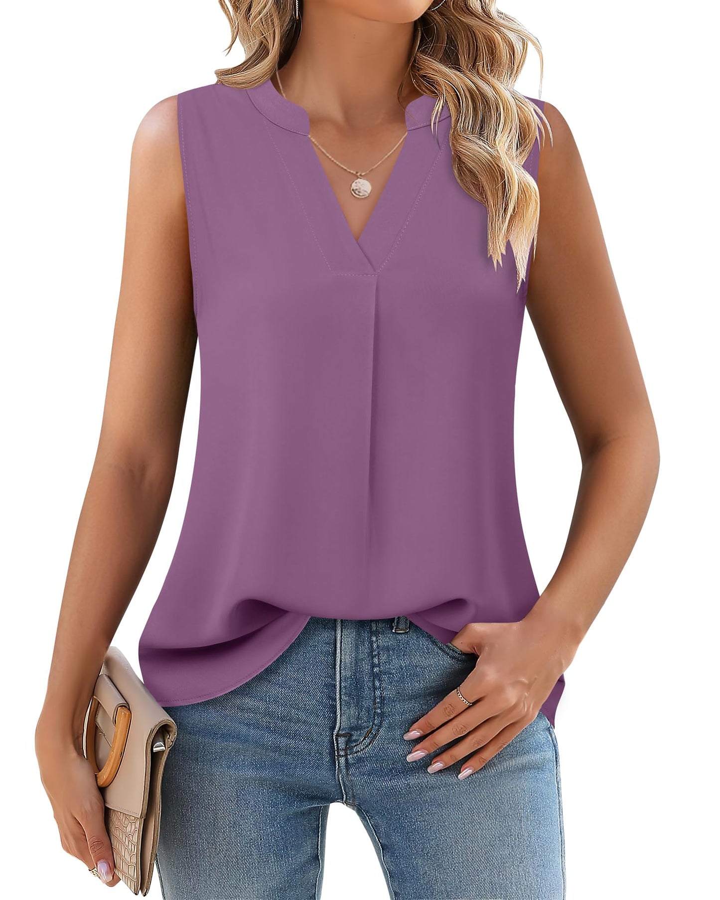 Timeson Women's Chiffon V Neck Sleeveless Blouse Tops Office Work Shirts