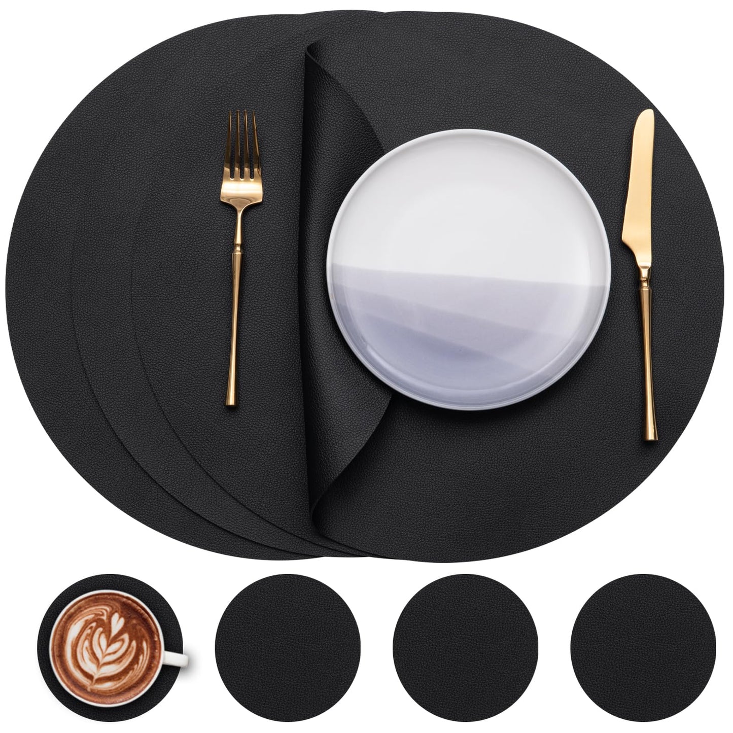 Myir JUN Round Table Placemats Set of 4 Faux Leather Place Mats and Coasters 15 inch Round Placemats Dual Sided Placemats Non-Slip Placemats Stain Resistant Placemats (Gray & Yellow, Set of 4)