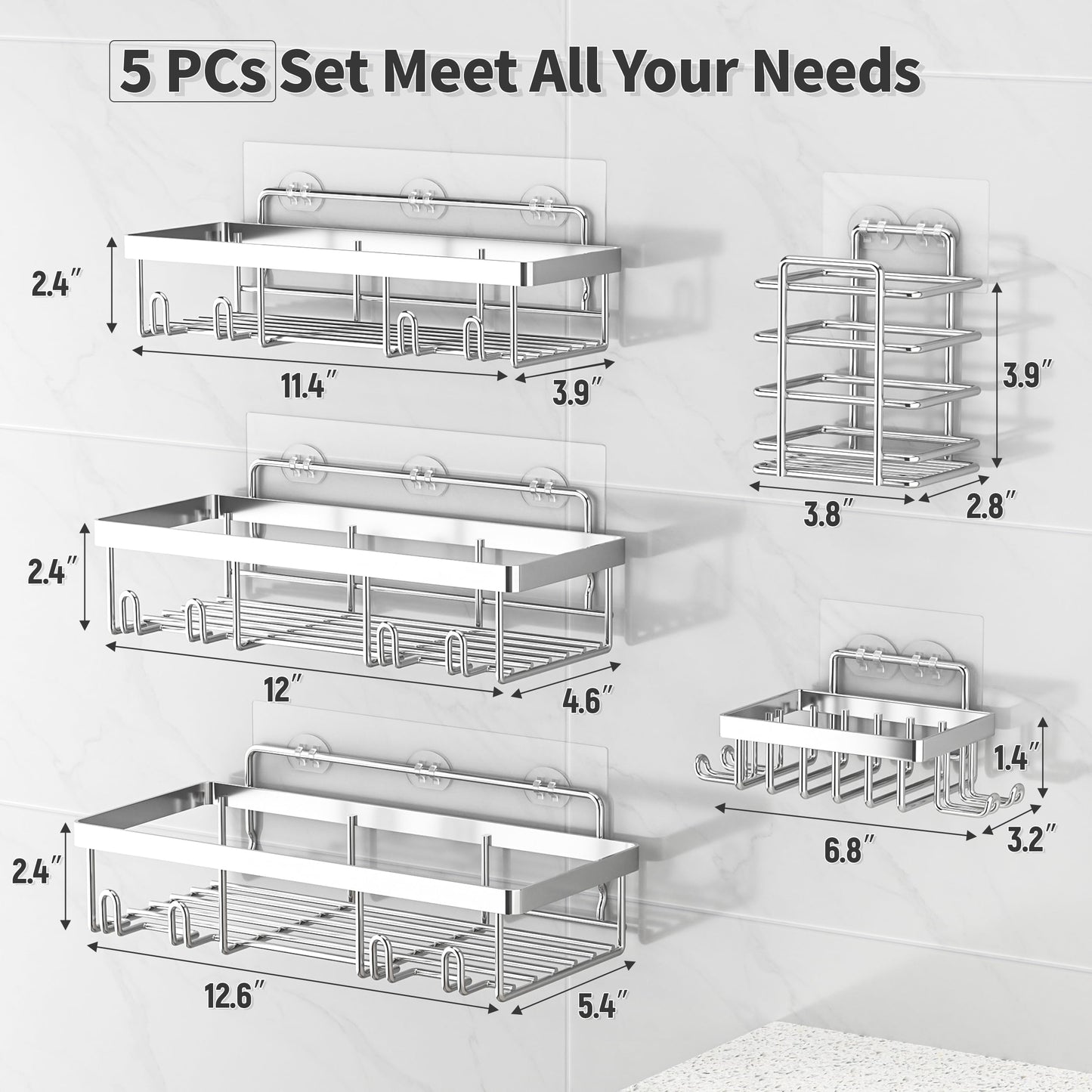 Shower Caddy 5 Pack, Bathroom Shower Organizer Rack for Inside Shower, Adhesive Shower Shelf, Shampoo Holder, Shower Basket, Metal Wall Storage, Grey