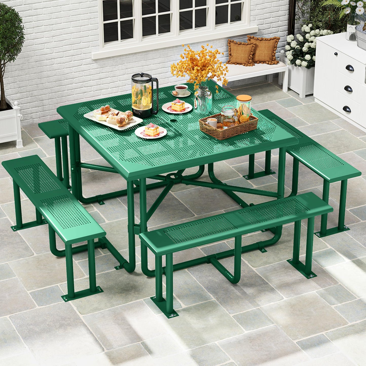 YITAHOME Table de pique-nique d'extérieur de 1,8 m avec plateau en bois, cadre en acier robuste et ouverture pour parapluie, table de pique-nique robuste idéale pour la cour, le patio, les rassemblements sur la pelouse, marron clair 