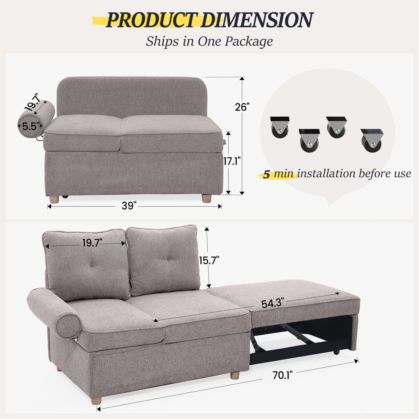 Canapé-lit convertible 4 en 1, canapé-lit en tissu lin avec 2 coussins décoratifs, fauteuil inclinable simple pour petit espace avec dossier à 5 angles réglables 