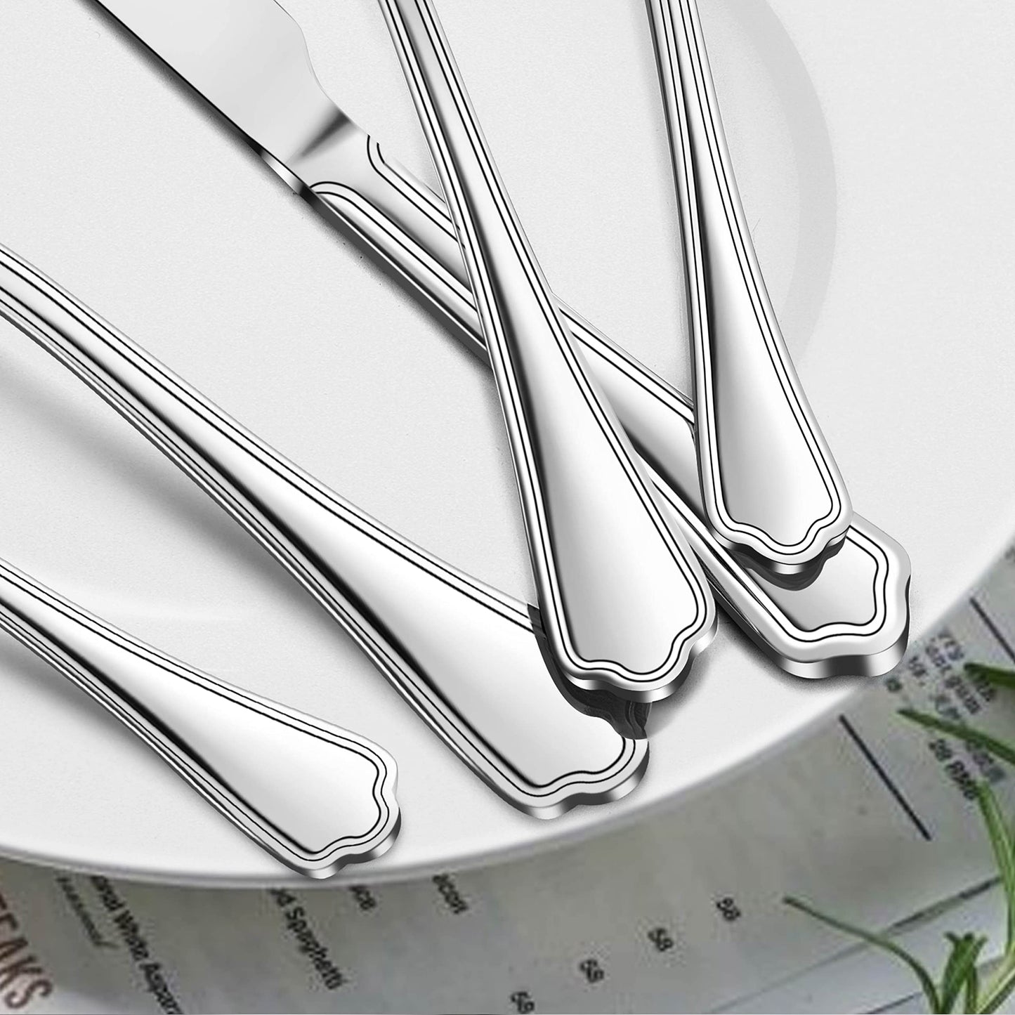 LIANYU 41-Piece Silverware Flatware Set for 6, Plus Steak Knives and Serving Utensils, Stainless Steel Flatware Cutlery Set, Eating Utensils Tableware with Scalloped Edge, Dishwasher Safe