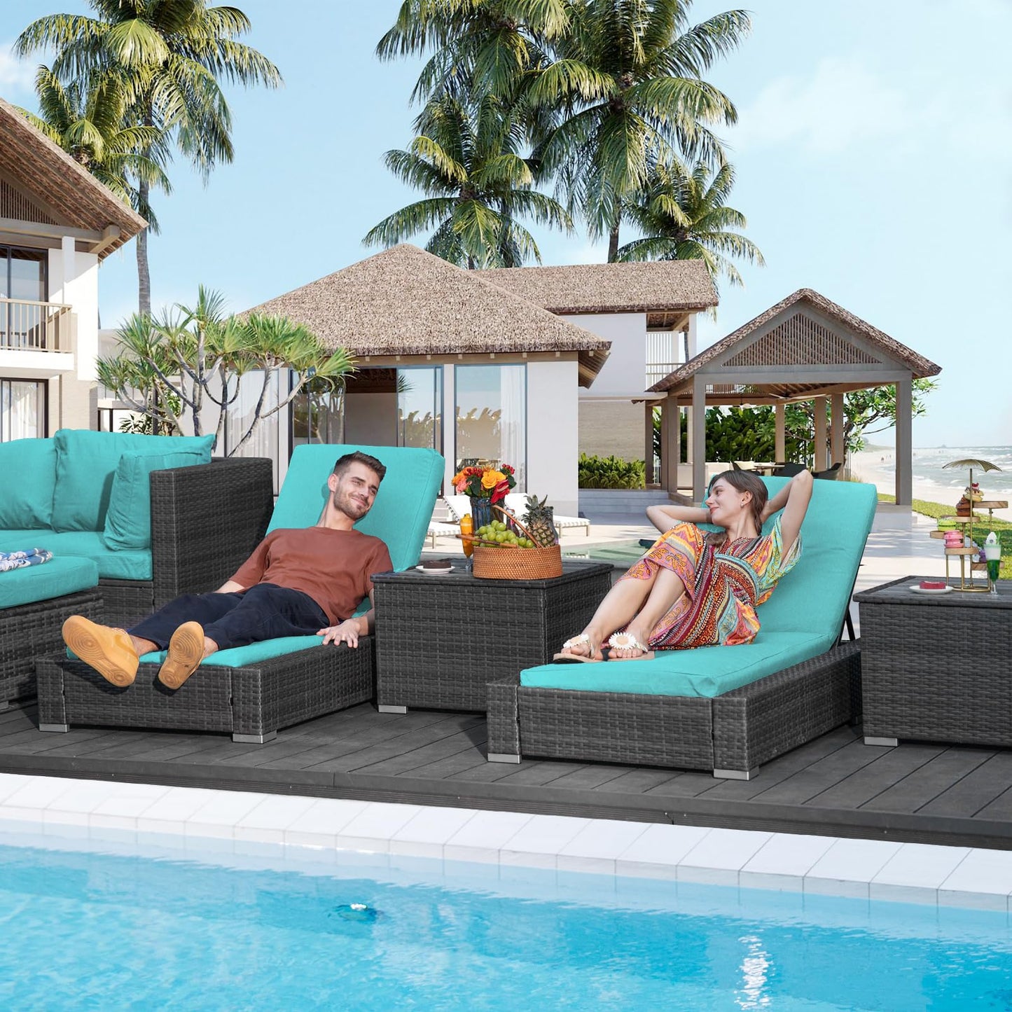 NICESOUL® 13-teiliges großes Luxus-Sofaset für die Terrasse mit Feuerstelle für Erdgas/Propan, 74 cm hohe Rückenlehne, Garten-Sitzgruppe, Gartensofa aus PE-Rattan, dunkelgrau 