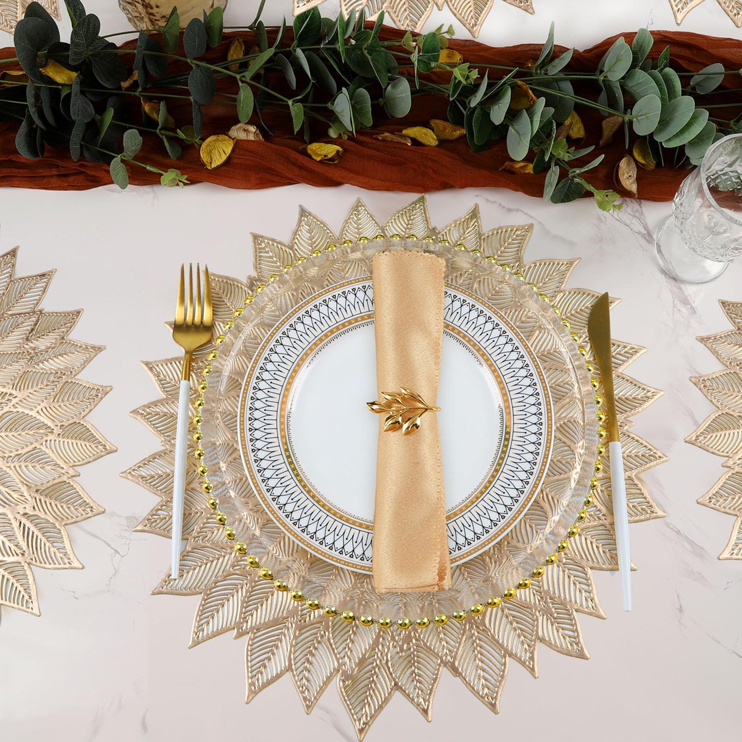 Placemats Set of 6, Round Hollow Out Flowers Place Mats for Dining Table Pressed Vinyl Blooming Leaf Table Mats for Holiday Party Wedding Accent Centerpiece Dinner Table Decoration (Gold)