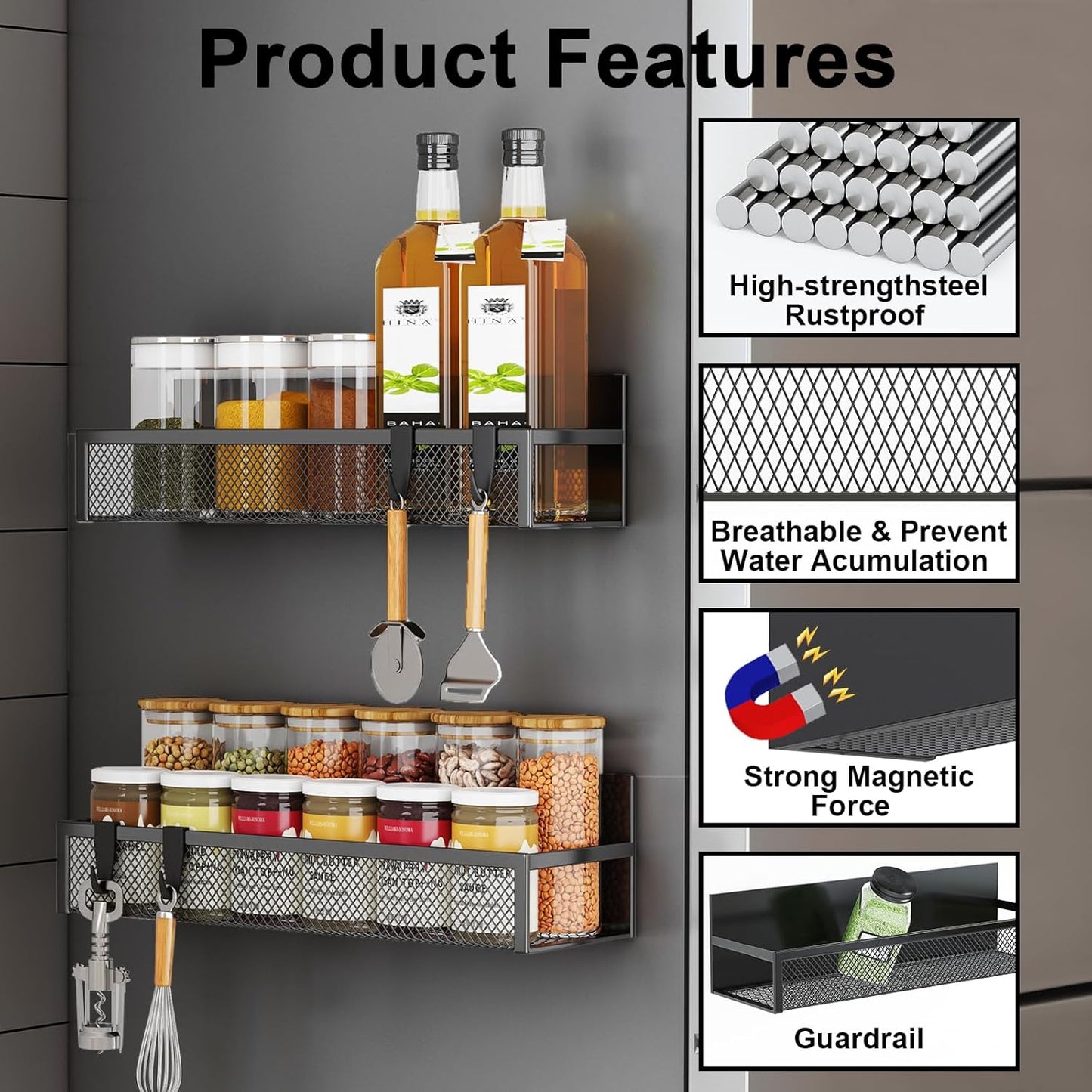 Magnetic Spice Rack for Refrigerator, 6-Pack Fridge Shelf Organizer with Hooks