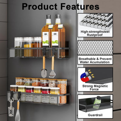 Magnetic Spice Rack for Refrigerator, 6-Pack Fridge Shelf Organizer with Hooks