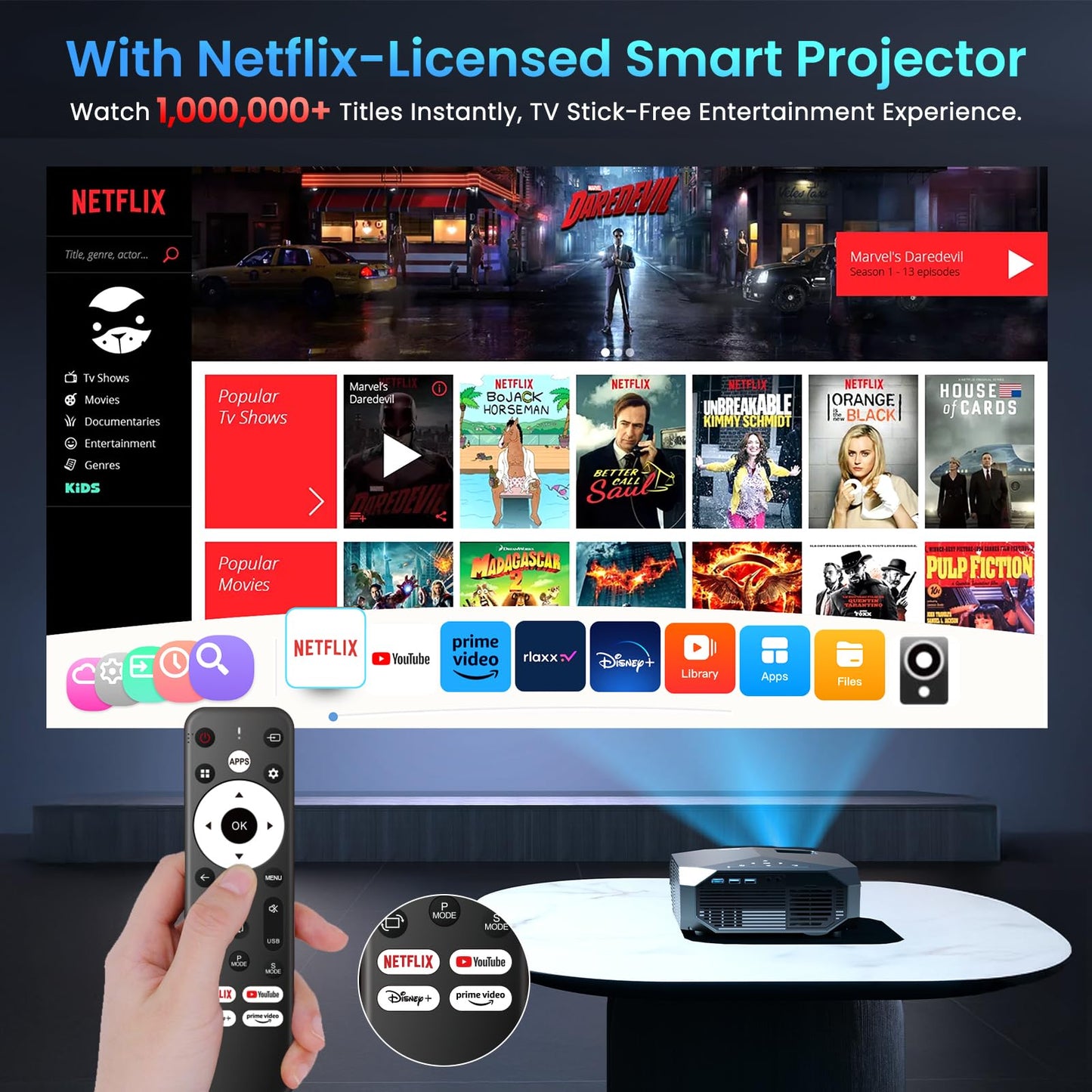 Smart Projector with WiFi 6 & Bluetooth 5.3 – 4K Outdoor/Indoor Movie Projector with Netflix, Prime Video & YouTube