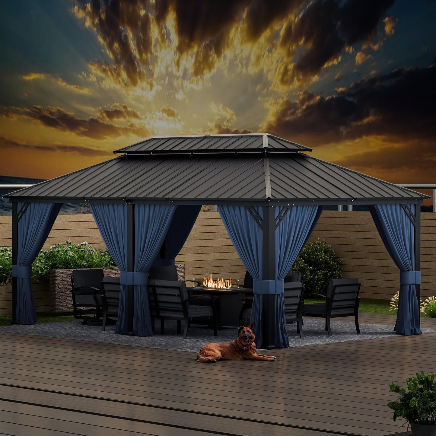 12x20ft Hardtop Gazebo Double Roof, Outdoor Pavilion with 2-Layer Hard top Galvanized Iron Frame Garden Tent, Suitable for courtyards, backyards, Decks, and Grass