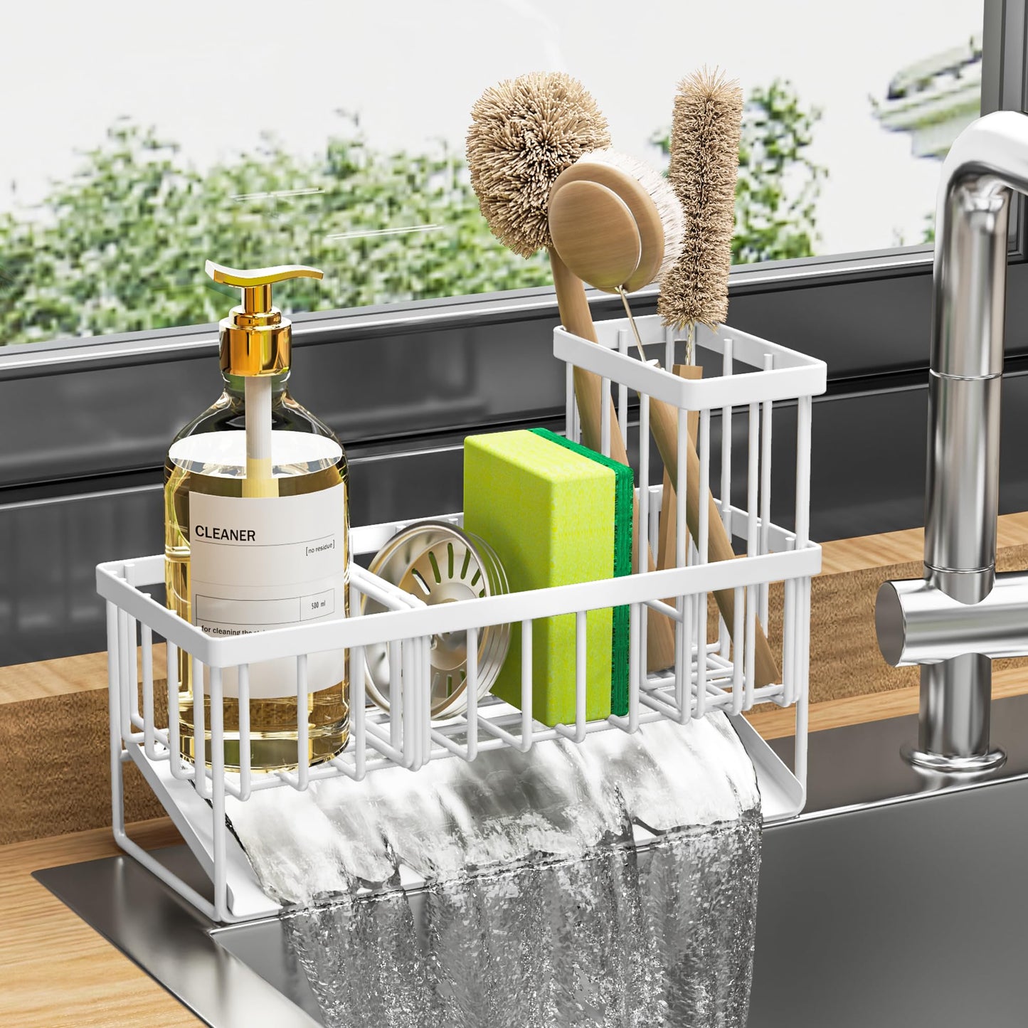 Cisily Kitchen Sink Caddy, Sponge Holder for Kitchen Sink, Kitchen Sink Organzier and Storage with High Brush Holder, Rustproof 304 Stainless Kitchen Gadgets Sink Accessories, Organizadores de Cocina