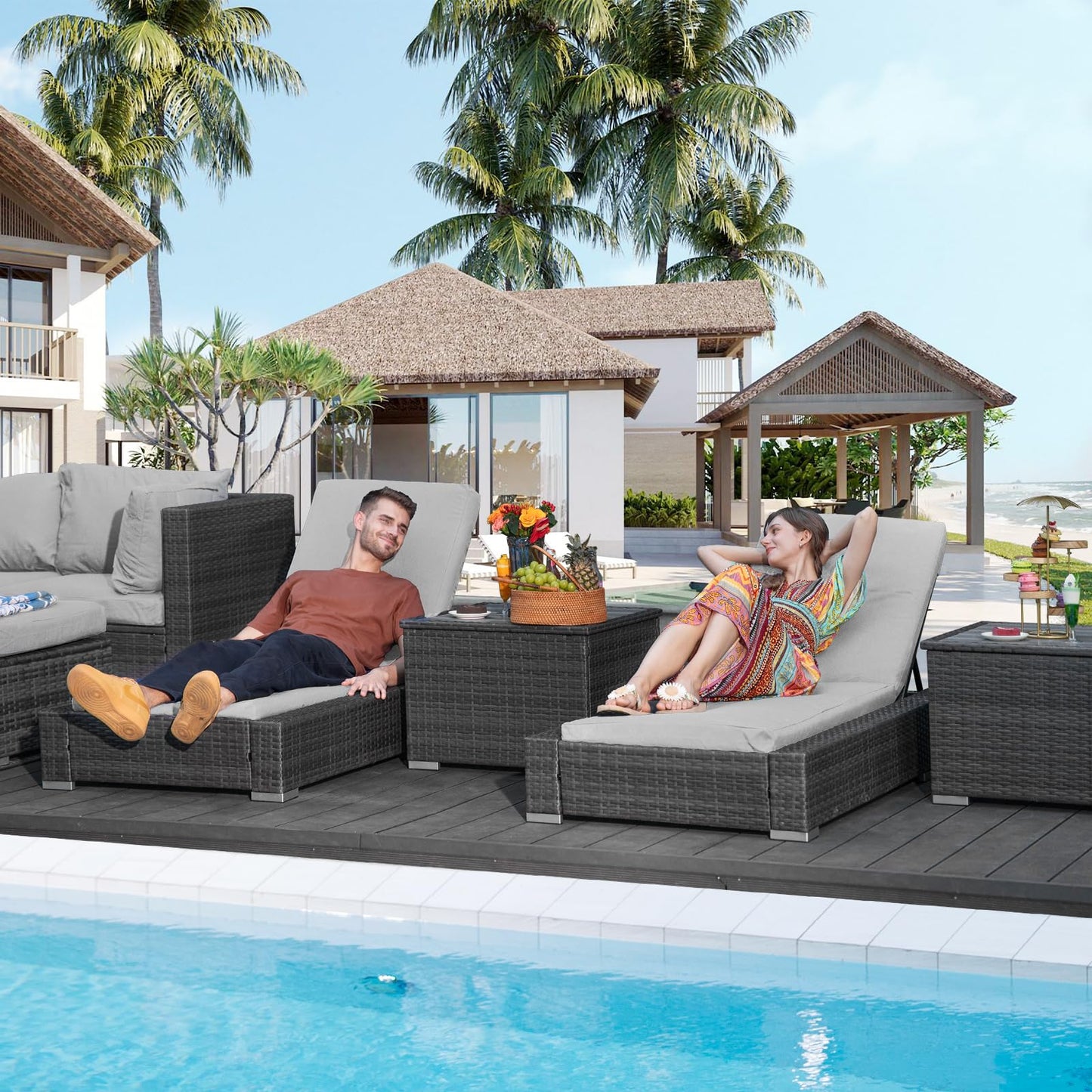 NICESOUL® 13-teiliges großes Luxus-Sofaset für die Terrasse mit Feuerstelle für Erdgas/Propan, 74 cm hohe Rückenlehne, Garten-Sitzgruppe, Gartensofa aus PE-Rattan, dunkelgrau 