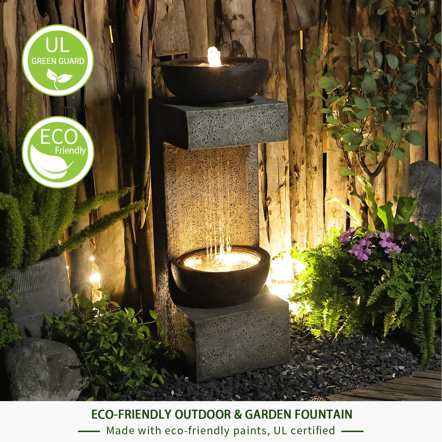 Fontaine à eau extérieure intérieure - Fontaine de jardin moderne en cascade autoportante avec surface incurvée et design artistique avec lumières LED et bande lumineuse pour décoration intérieure, patio, cour, piscine, 95 cm de haut 