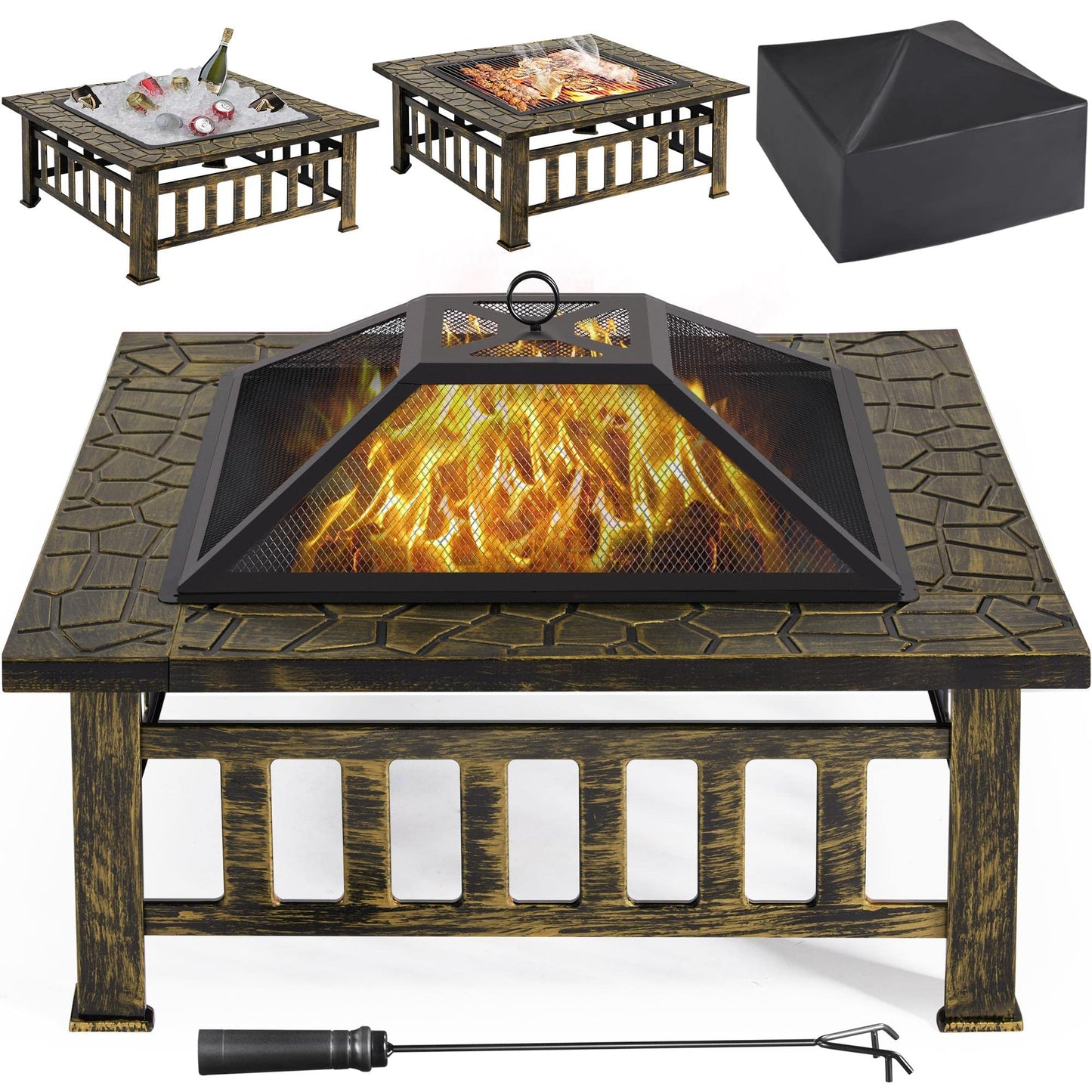 Yaheetech 32in Outdoor Firepit Square Table Backyard Patio Garden Stove Wood Burning Fire Pit with Spark Screen, Log Poker and Cover