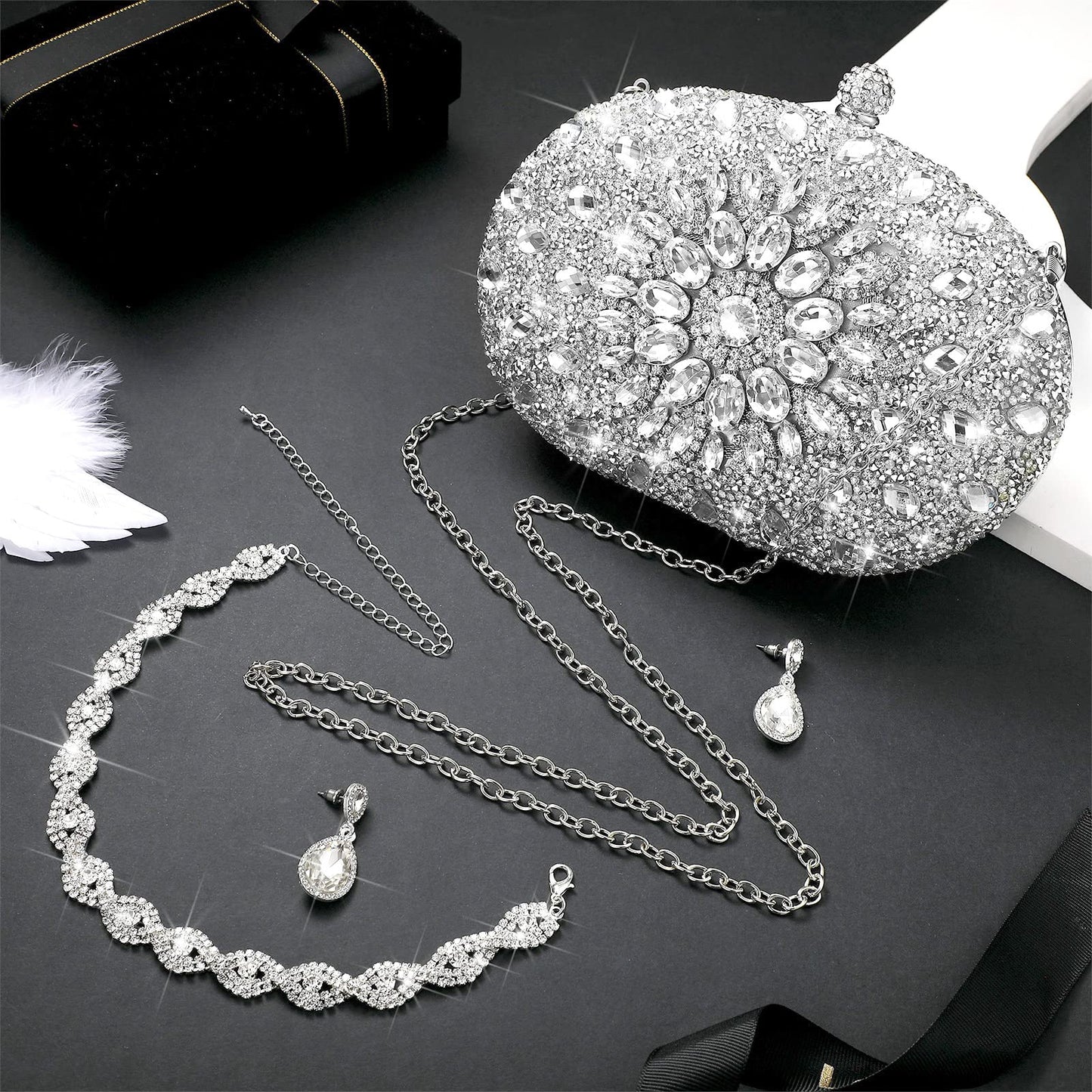 Ensemble de bijoux de mariage en argent, pochette, sac de soirée, sac à main, collier en strass, boucles d'oreilles, ensemble de bijoux de mariée en cristal pour femmes