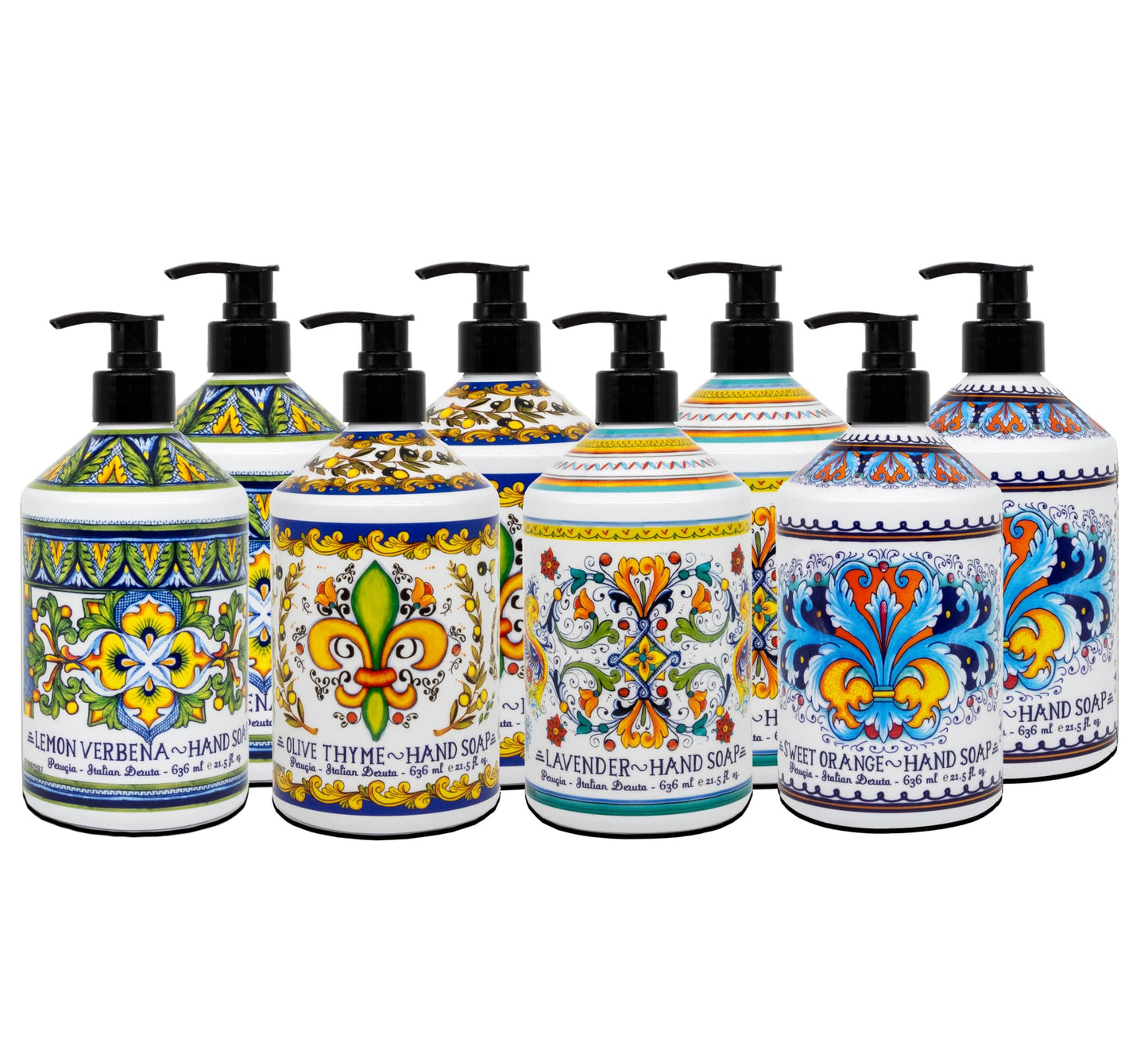 Perugia Italian Deruta Hand Soap - 21.5 fl oz Bottles - 8 pack - Lavendar, Sweet Orange, Lemon Verbana, and Olive Thyme