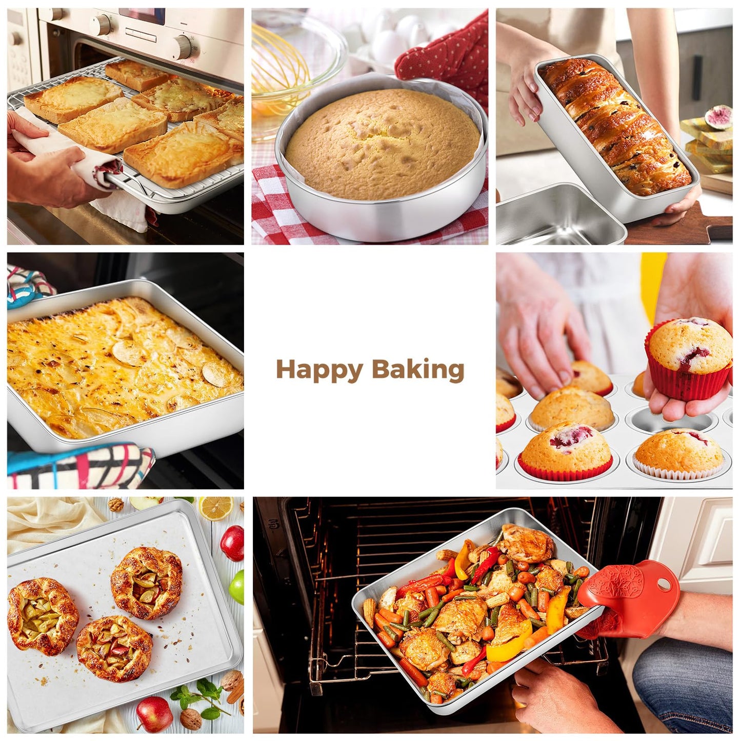 E-far Stainless Steel Baking Pan Set, 6-Piece Metal Bakeware Sets Include Cookie Sheet, Round Square Rectangle Cake Pans, Non-toxic & Dishwasher Safe