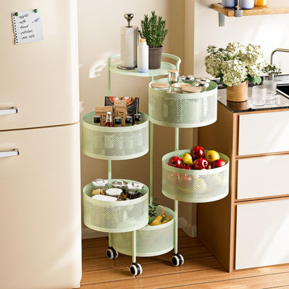 No Assembly Required Vegetable Storage Rack, 4-Tier Rotating Fruit Basket with Wheels, Heavy Duty Carbon Steel Kitchen Storage Cart