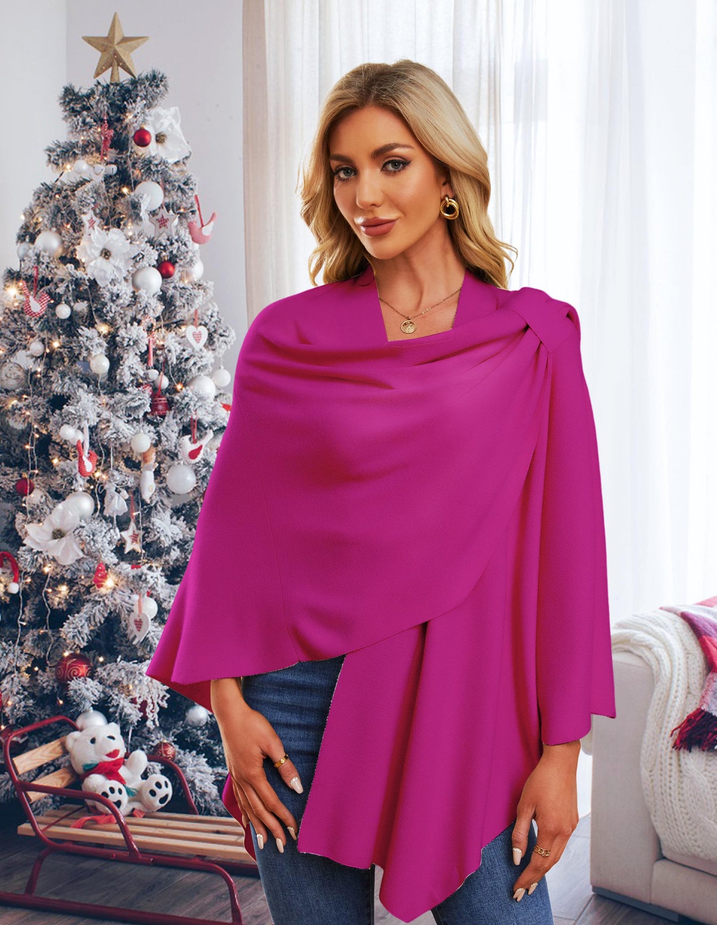 PULI Femmes Grand Poncho Croisé Sur Le Devant Pull Enveloppant Topper Tricoté Élégant Châles Cape pour l'Automne Hiver