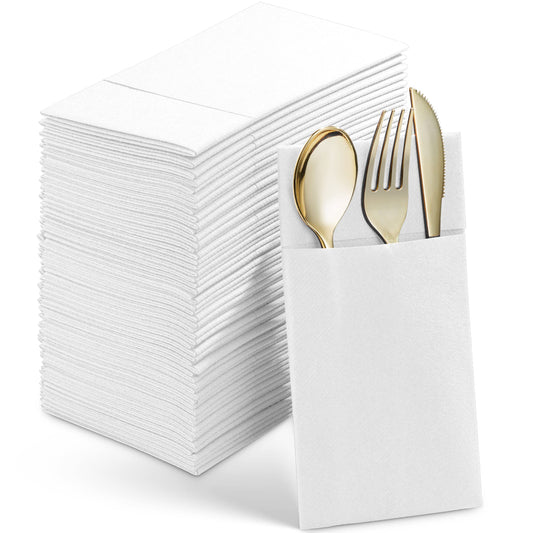 Disposable Linen-Feel Dinner Napkins With Built-in Flatware Pocket, 50-Pack WHITE Prefolded Cloth Like Paper Napkins For Wedding, Dinner Or Party