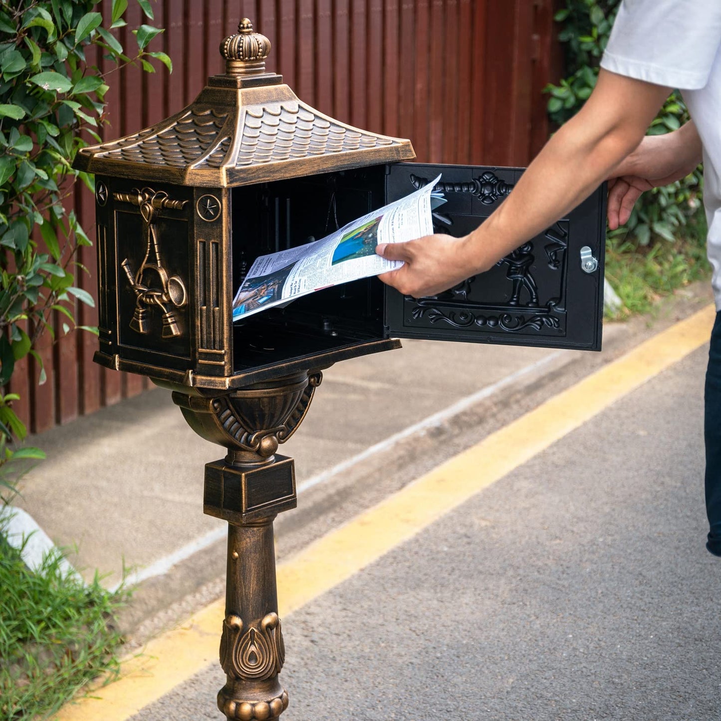 Briefkasten, rostfrei, Aluminiumguss, mit Verriegelung, Sicherheits-Briefkasten zur Pfostenmontage, groß, Bronze 