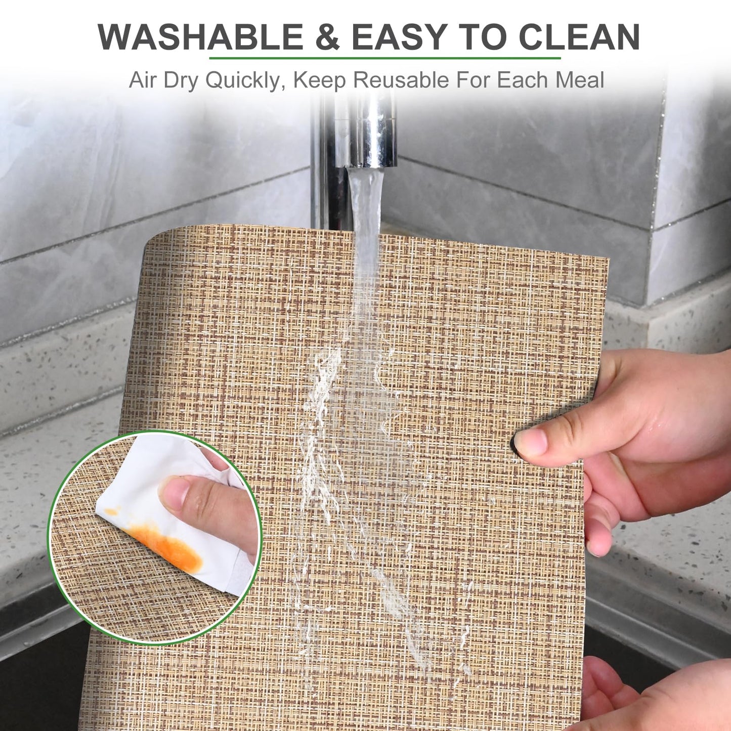 Set of 6 Placemats – Washable Woven Vinyl Table Mats for Dining, Kitchen, Indoor/Outdoor Use