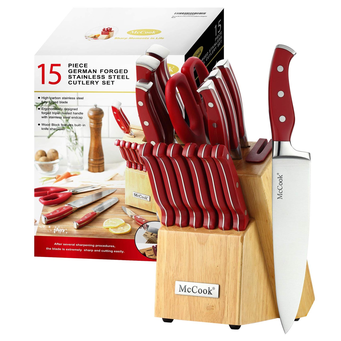 Ensemble de couteaux McCook®, ensemble de couteaux de cuisine en acier inoxydable allemand avec aiguiseur intégré 