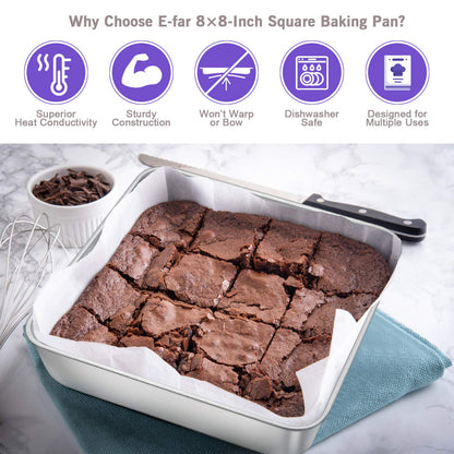 E-far Stainless Steel Baking Pan Set, 6-Piece Metal Bakeware Sets Include Cookie Sheet, Round Square Rectangle Cake Pans, Non-toxic & Dishwasher Safe