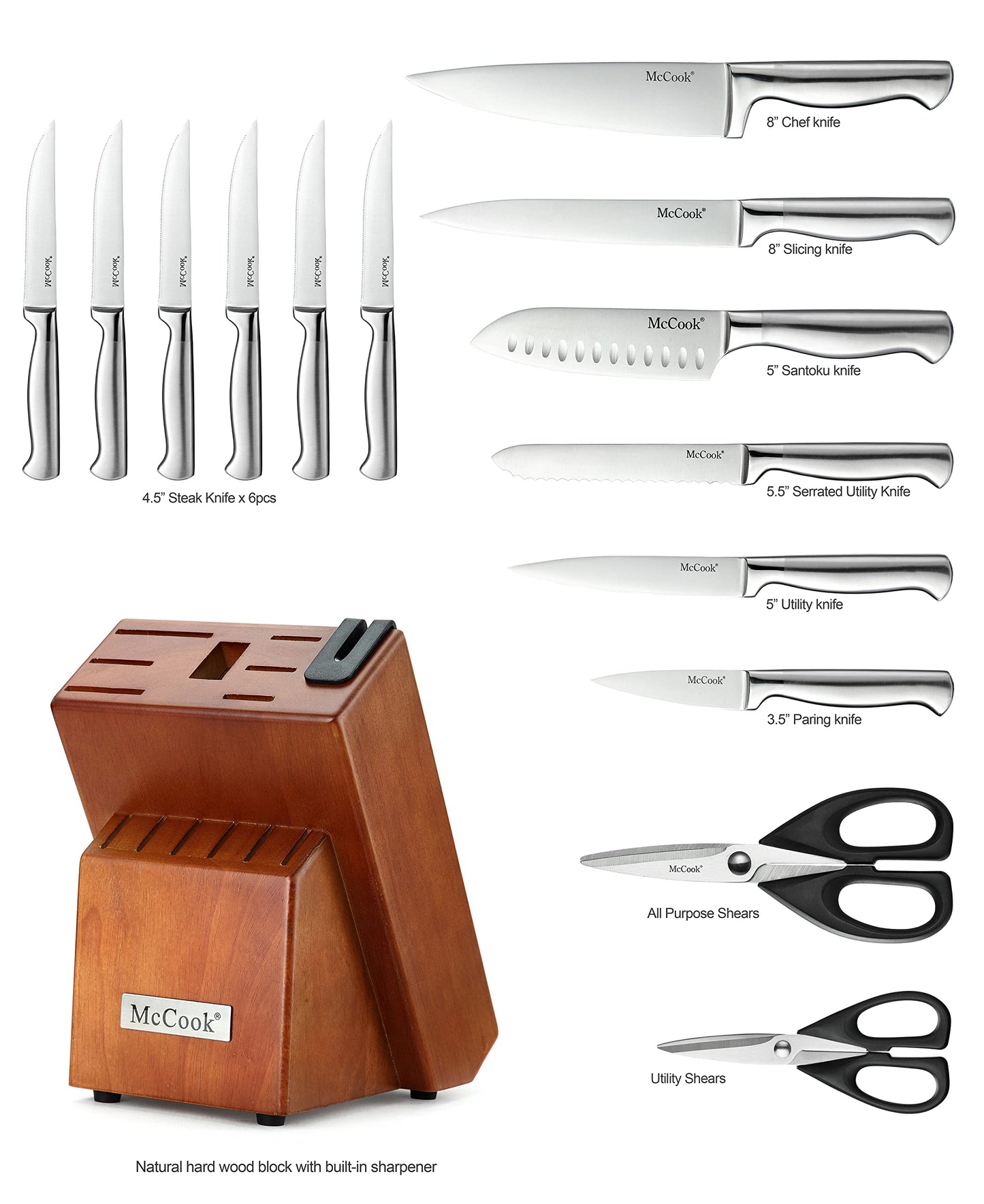 McCook® Knife Sets, Golden Titanium Stainless Steel Kitchen Knife Block Sets with Built-in Sharpener