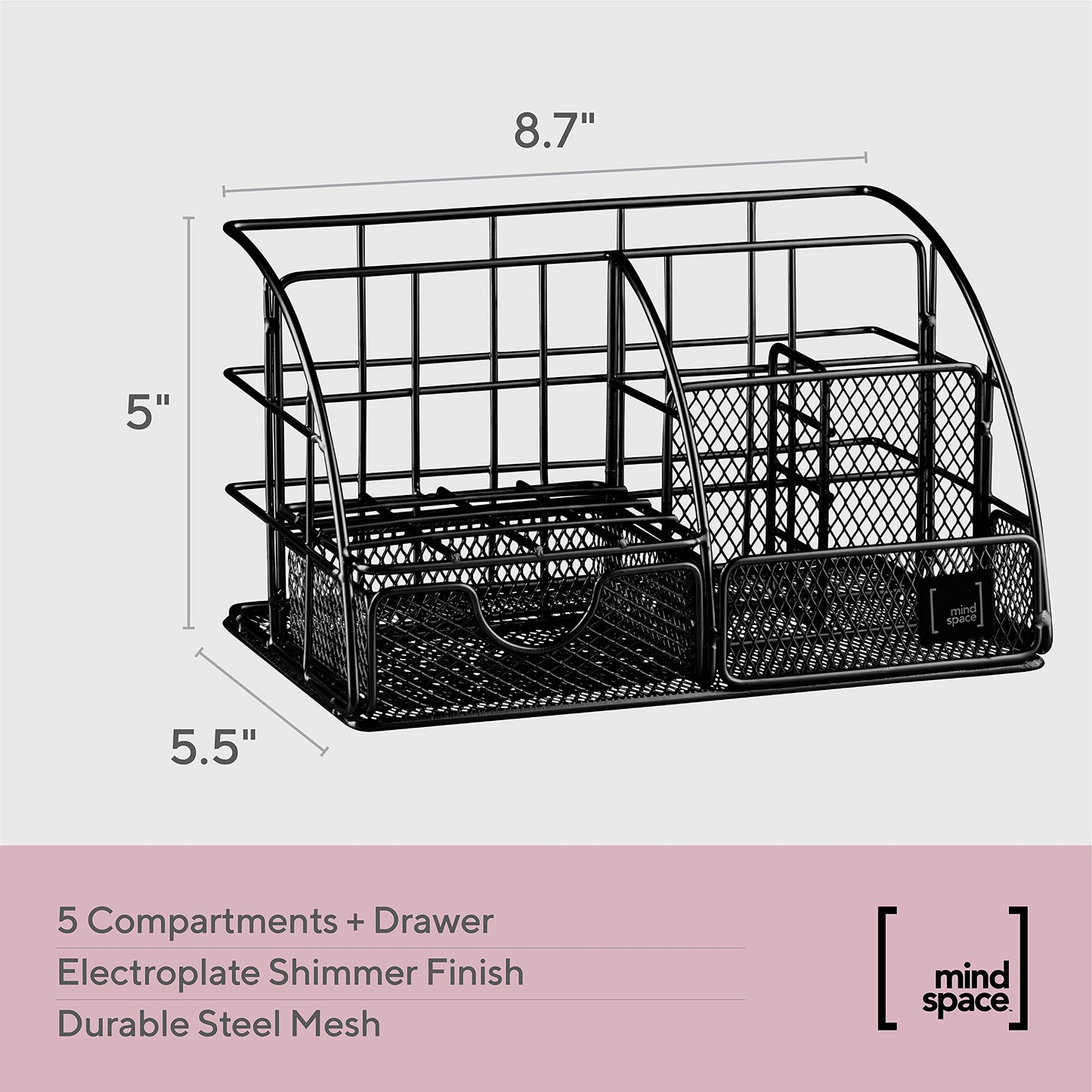 Organiseur de bureau Mindspace Black - Organiseur de bureau à domicile avec tiroir + trombones, pinces à reliure - Organiseur de fournitures scolaires, porte-stylo pour bureau, petit organisateur | La collection Wire 