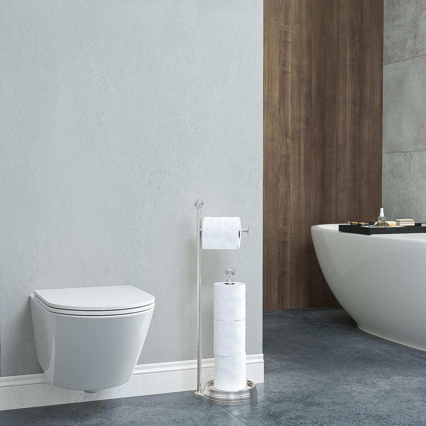 Weighted Freestanding Toilet Paper Holder – Metal Bathroom Stand with Crystal Accent