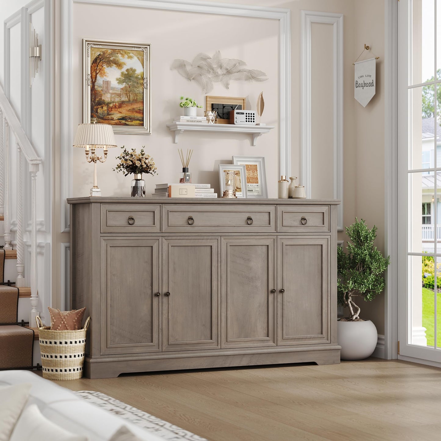 Buffet FINETONES avec rangement, grand buffet de 55,1 po, armoire de cuisine blanche avec 3 tiroirs et 4 portes, armoire de bar à café en bois pour cuisine et salle à manger, blanc 