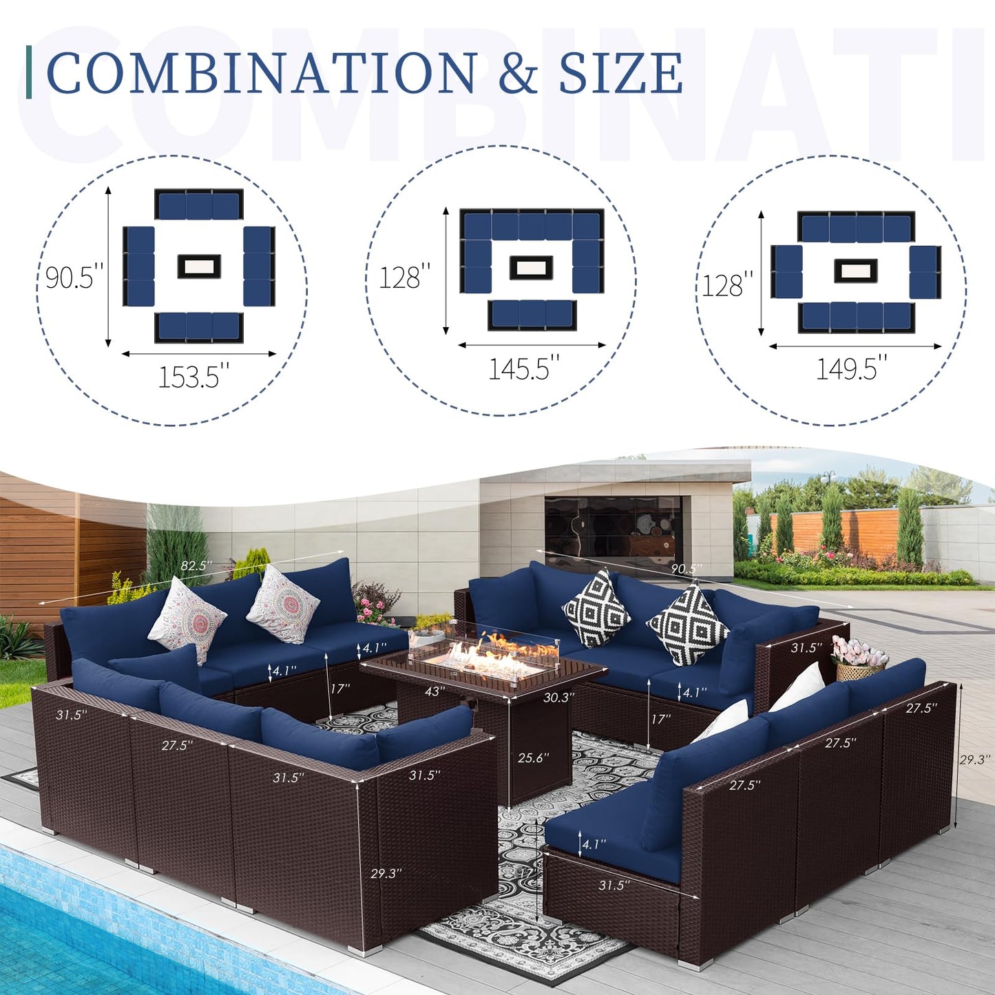 NICESOUL® 13 Piece Luxury Large Patio Furniture Sofa Set with Natural Gas/Propane Fire Pit Table, 29.3" High Back Outdoor Conversation Set, Outside PE Rattan Sectional Sofa, Dark Gray