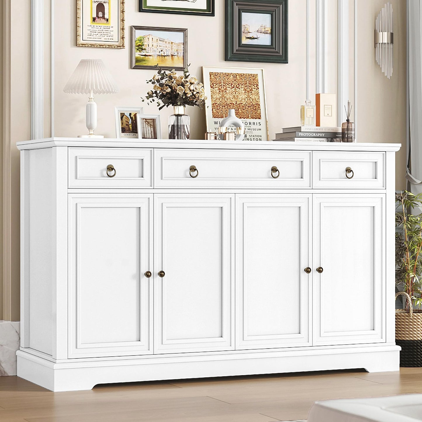 FINETONES Buffet Cabinet with Storage, 55.1" Large Sideboard Buffet Cabinet, White Kitchen Cabinet with 3 Drawers and 4 Doors, Wood Coffee Bar Cabinet for Kitchen Dining Room, White