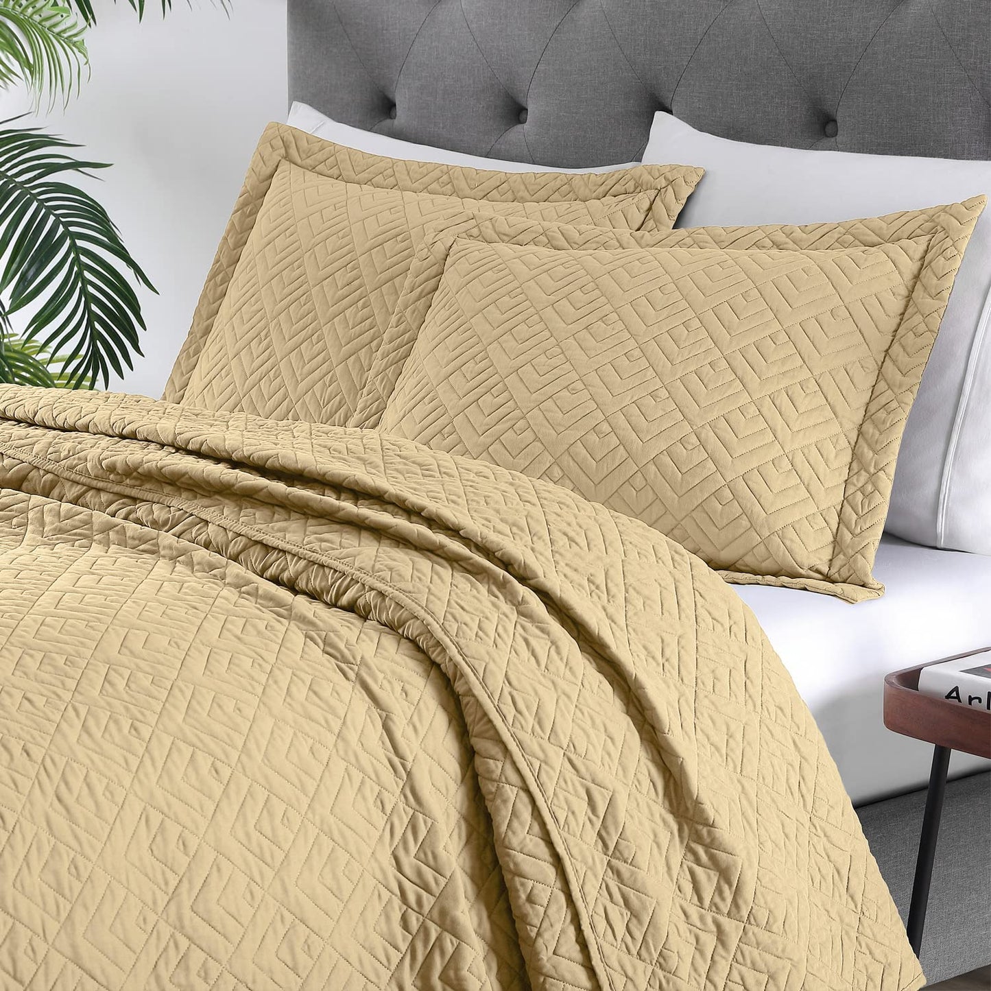 EXQ Home Quilt Set Full Queen Size Beige 3 Piece,Lightweight Soft Coverlet Modern Style Leaf Pattern Bedspread Set(1 Quilt,2 Pillow Shams)