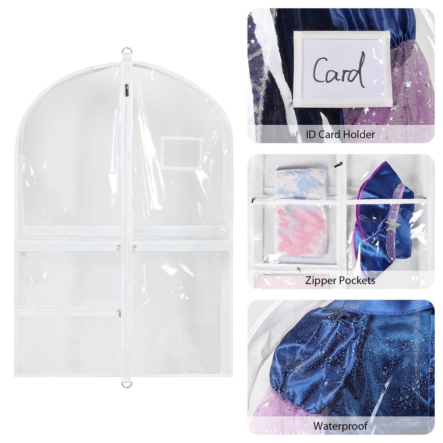 Univivi Clear PVC Dance Costume Bags (3 Pack) Garment Bag 40 Inch for Dance Competitions, with 4 Medium Clear Zipper Pockets and 1 Large Back Zippered Pocket [Upgraded Version]