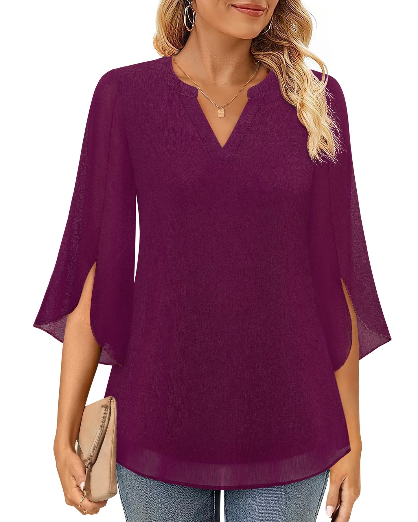 Timeson Women's 3/4 Sleeve Chiffon Blouse Shirt V Neck Dressy Tunic Tops