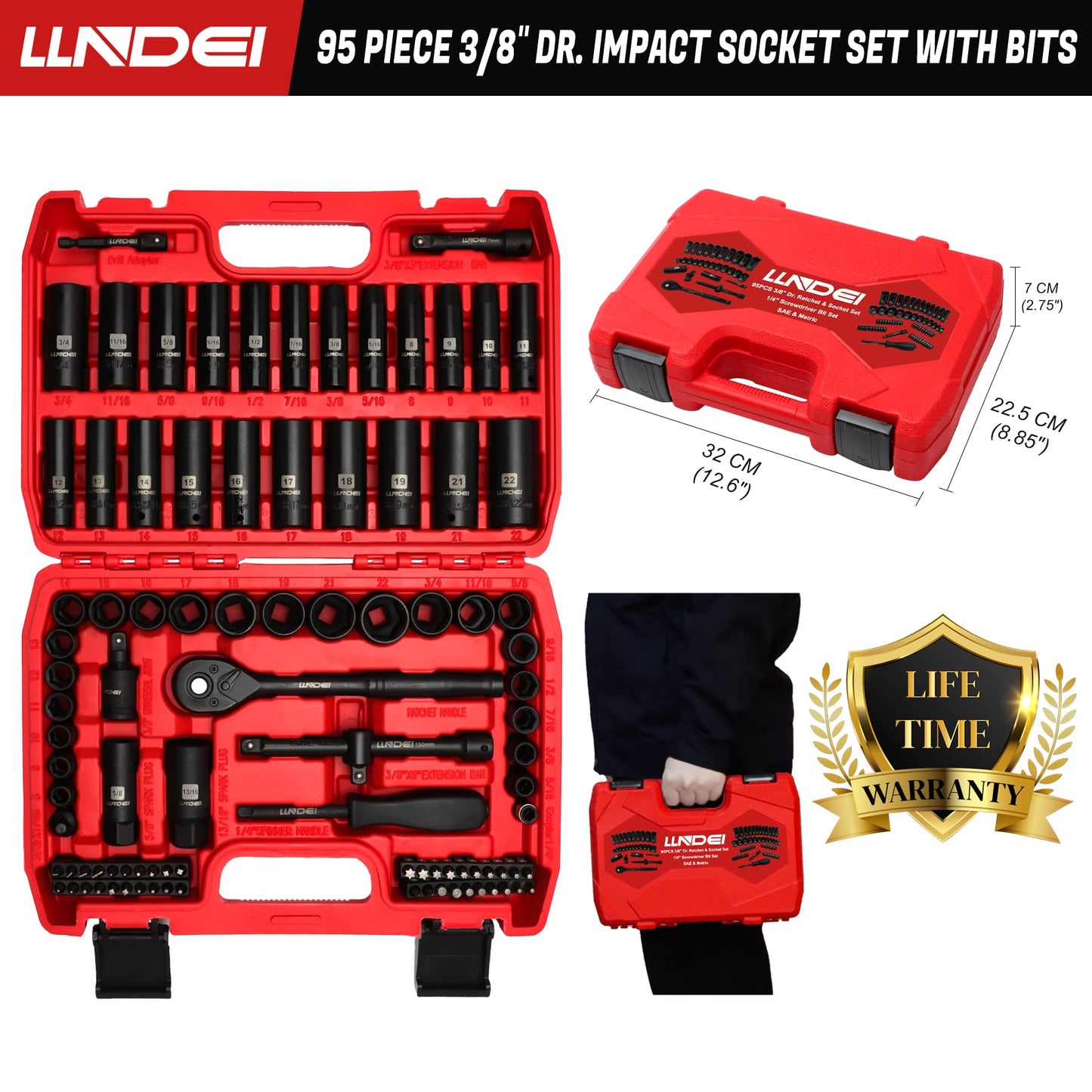 LLNDEI 1/4 & 3/8 Inch Drive Impact Socket Set, 186 Pieces Metric and Standard Full Sockets, CR-V Deep & Shallow Sockets Tool Set with Ratchet Wrench Handle, Spark Plug Socket, Bit Set for Mechanic