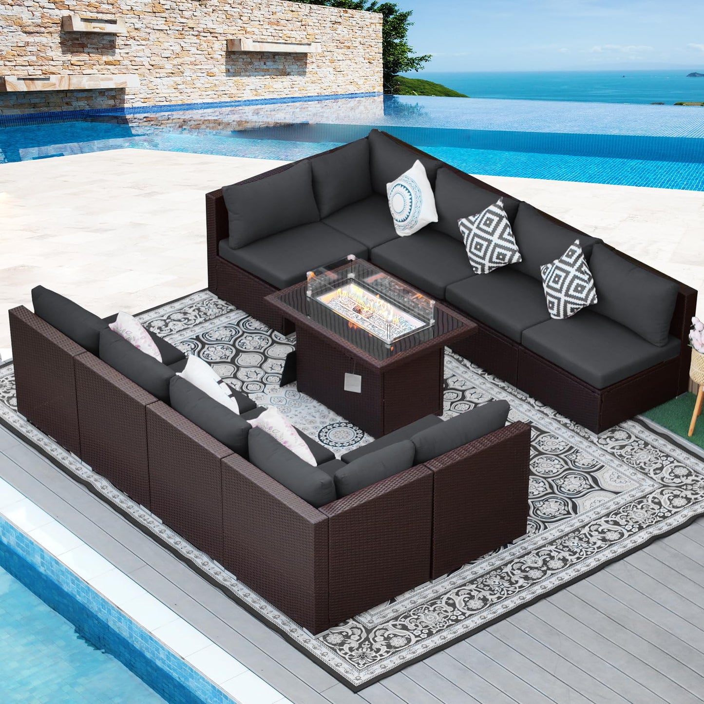 NICESOUL® 13-teiliges großes Luxus-Sofaset für die Terrasse mit Feuerstelle für Erdgas/Propan, 74 cm hohe Rückenlehne, Garten-Sitzgruppe, Gartensofa aus PE-Rattan, dunkelgrau 