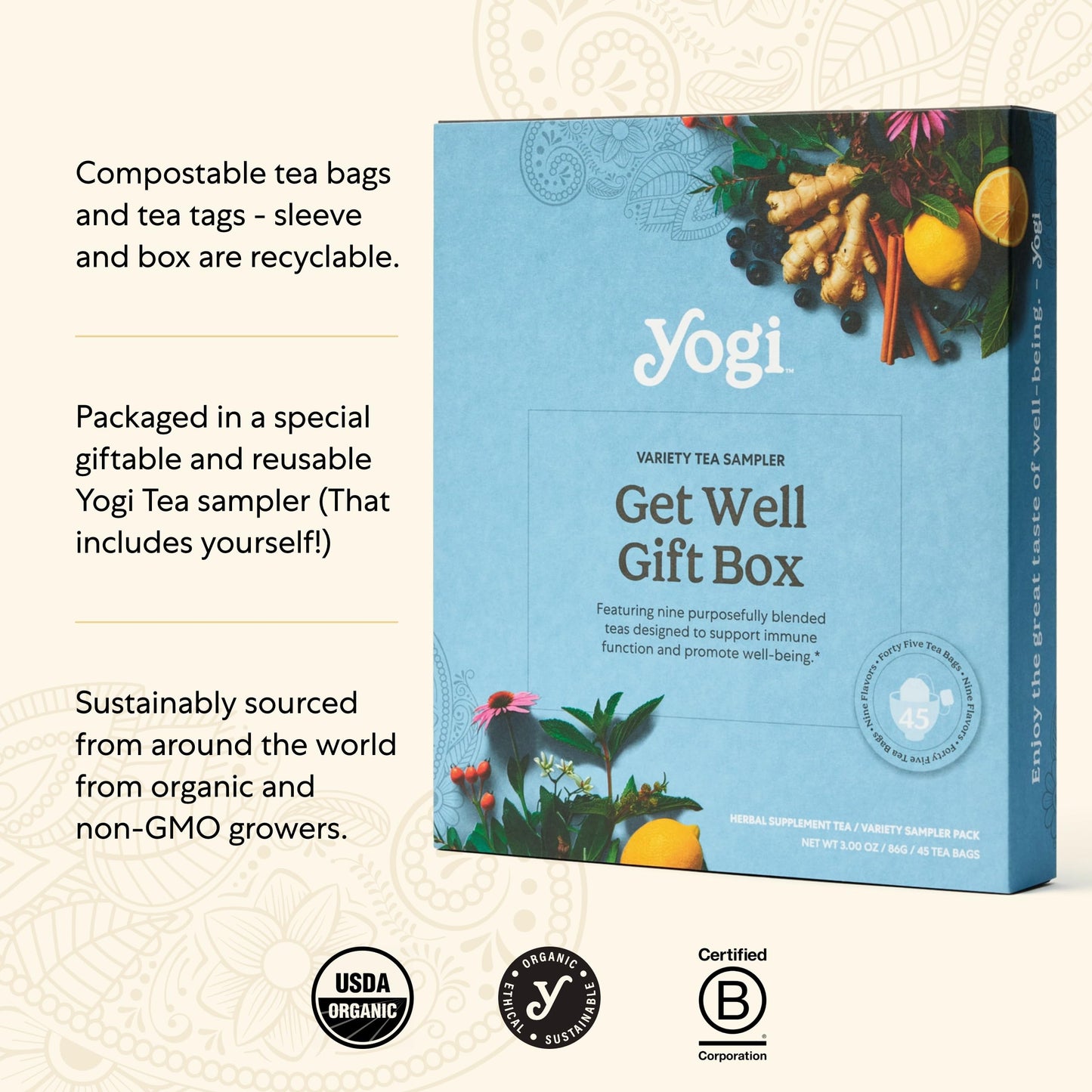 Organic Sampler Gift Box-5 Tea Bags per Flavor (45 Tea Bags)-Delicious Wellness Immunity Teas-9 Herbal Teas-Caffeine-Free Tea Variety Pack-Tea Gift Set