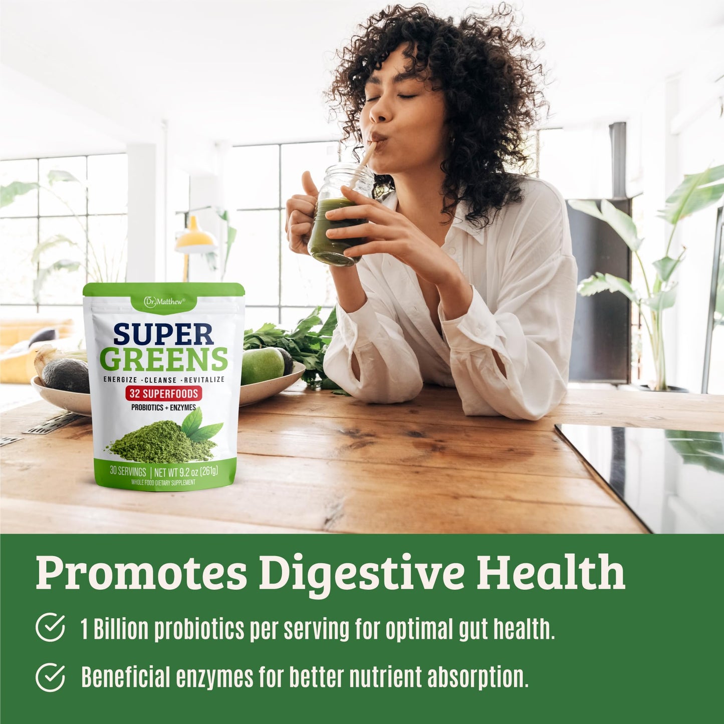 Grünes Saftpulver. Supergreens Superfood-Pulver. Detox-Grünes gegen Blähungen und Verdauung. Gemüsepulver mit Probiotika und Enzymen. Chlorella, Spirulina, Weizengras, Ashwagandha. 32 Superfoods 