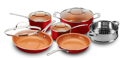 Gotham Steel 10-Piece Nonstick Cookware Set – Ti-Cerama Coating, Skillets, Pots & Steamer Insert – Red