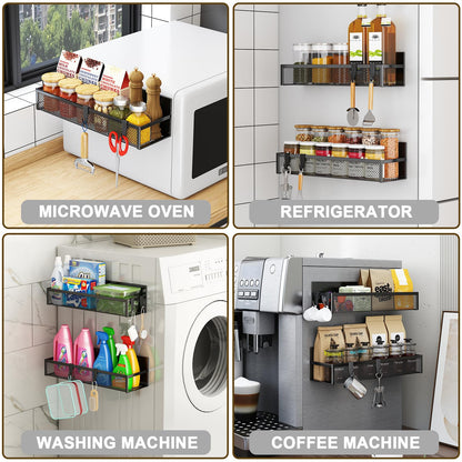 Magnetic Spice Rack for Refrigerator, 6 Pack Magnetic Shelf, Fridge Magnet Organizer with Moveable 12 Hooks, Magnetic Fridge Shelf for Kitchen Organization and Storage (6 Pack)