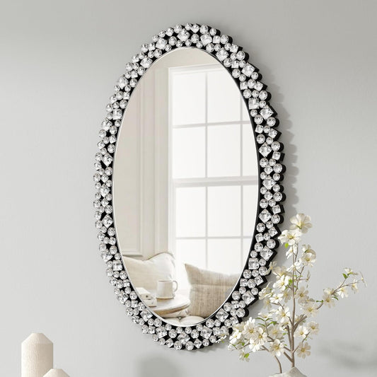 SHYFOY Oval Decorative Wall Mirror, 23.6x25.4 Ornate Accent Mirror Framless Round Mirror Jeweled Mirror for Living Room Bedroom Entryway Wall Decor