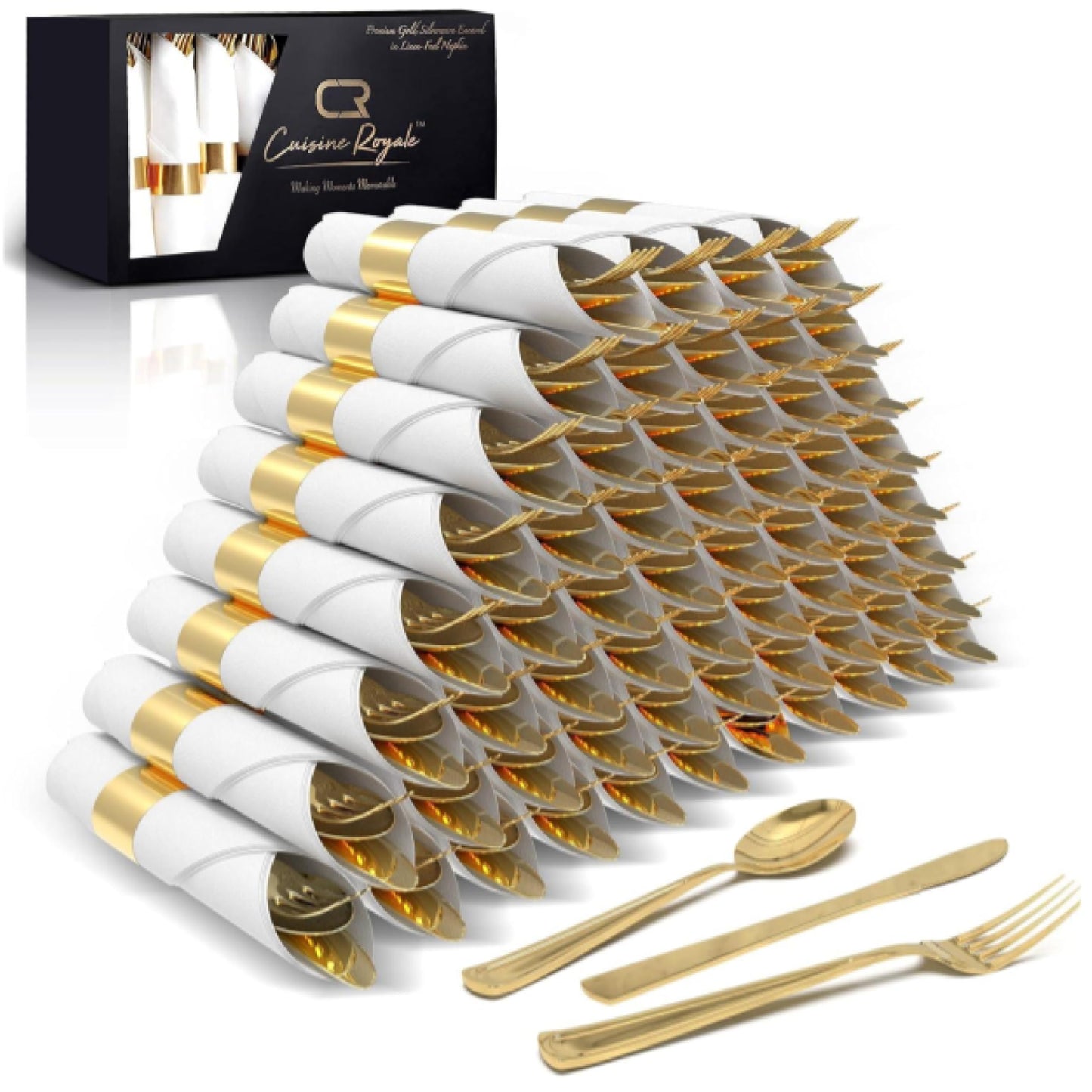 Prestee 50 Pre Rolled Gold Plastic Silverware Set Disposable, 200 Piece Gold Silverware Disposable and Reusable, Cutlery Set with Forks, Knives, Spoons, and Napkins for Weddings and Parties