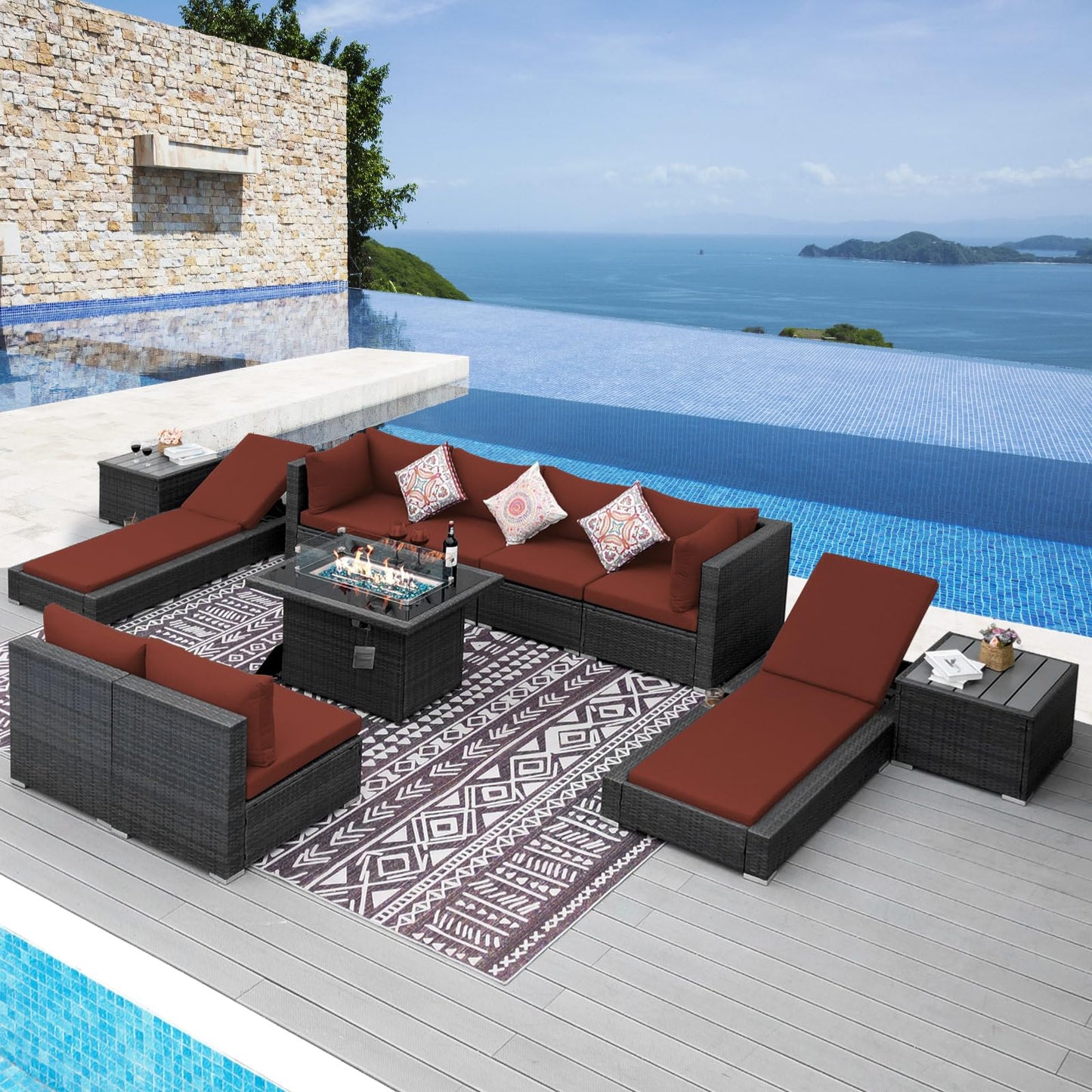 NICESOUL® 13-teiliges großes Luxus-Sofaset für die Terrasse mit Feuerstelle für Erdgas/Propan, 74 cm hohe Rückenlehne, Garten-Sitzgruppe, Gartensofa aus PE-Rattan, dunkelgrau 