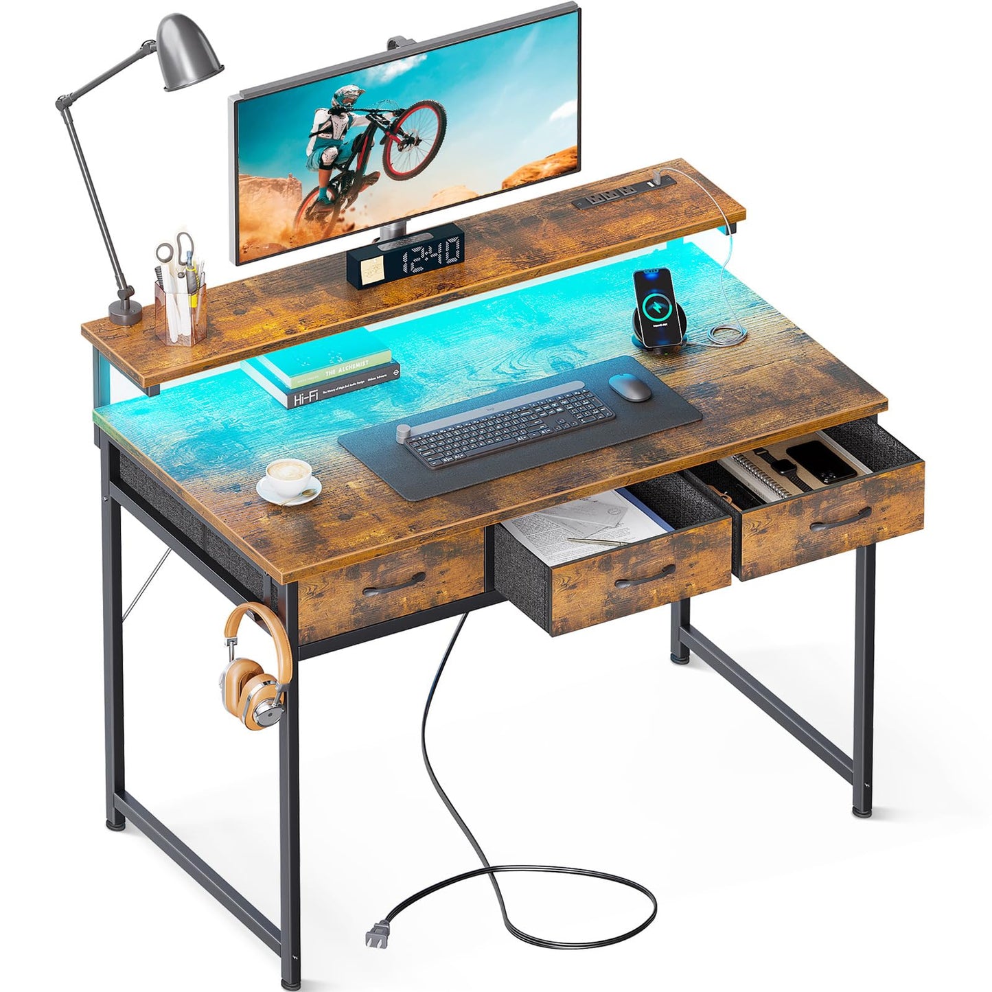 Bureau d'ordinateur ODK 54 pouces avec 3 tiroirs et prises d'alimentation USB, bureaux à domicile avec lumières LED et support de moniteur réglable, travail à domicile, table de travail/écriture/étude moderne pour chambre à coucher, noir 