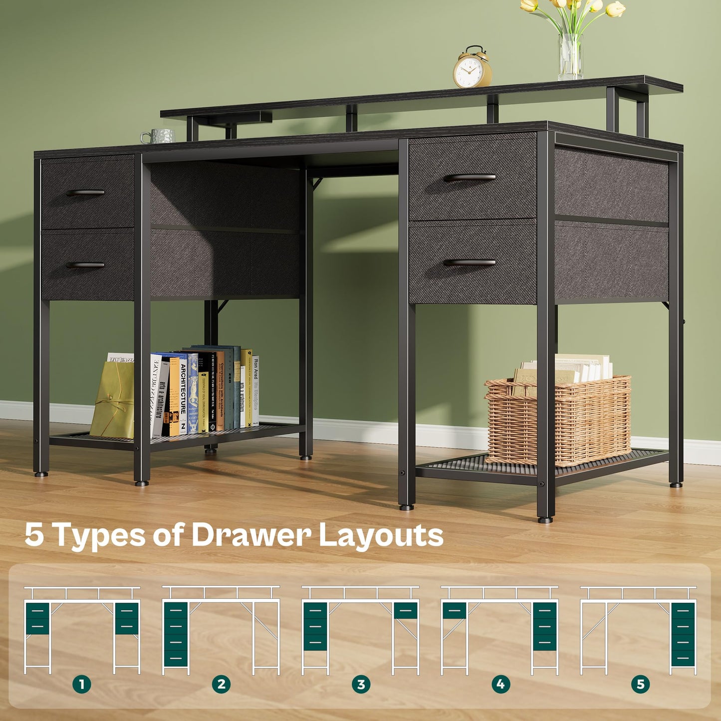 Bureau d'ordinateur Huuger de 47 pouces avec 4 tiroirs, bureau de jeu avec lumières LED et prises de courant, bureau à domicile avec grand espace de rangement pour chambre à coucher, travail à domicile, noir 